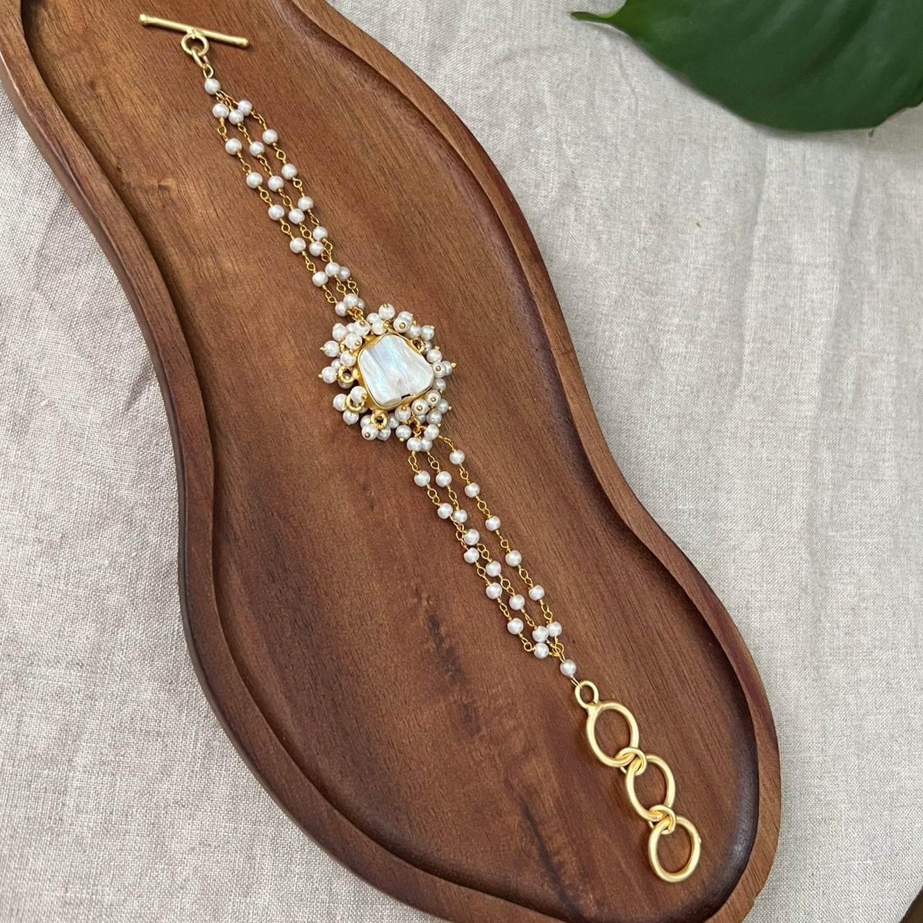 Baroque Pearl Gold Chain & Pearl Bracelet Encircled by Pearl Clusters