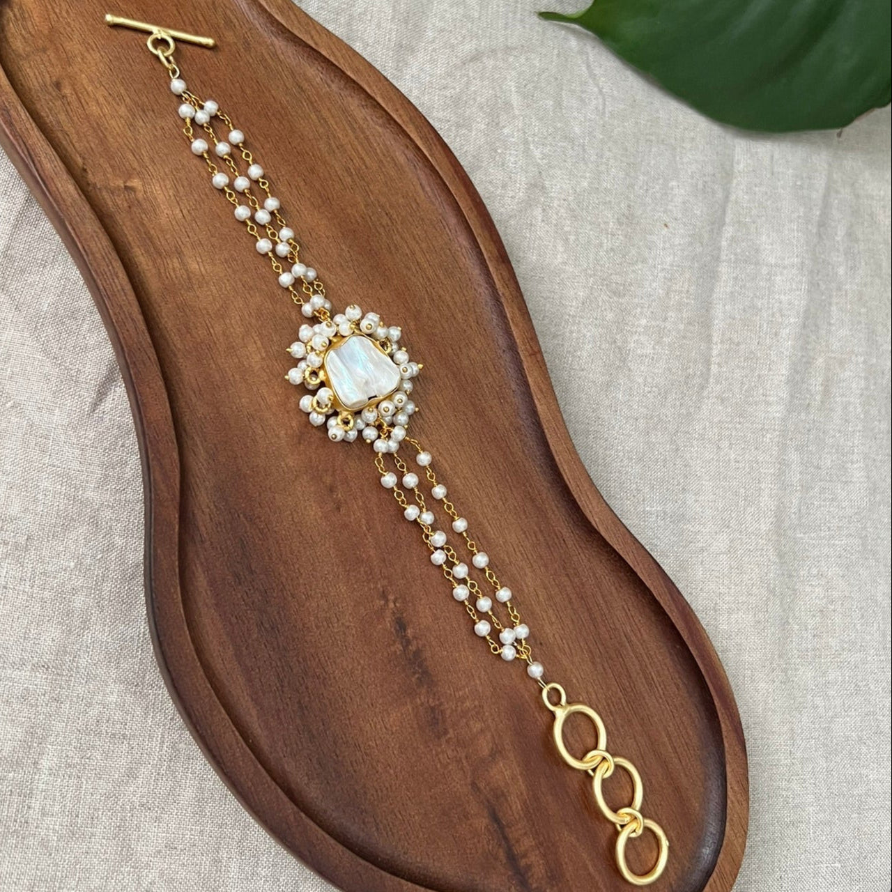 Baroque Pearl Gold Chain & Pearl Bracelet Encircled by Pearl Clusters