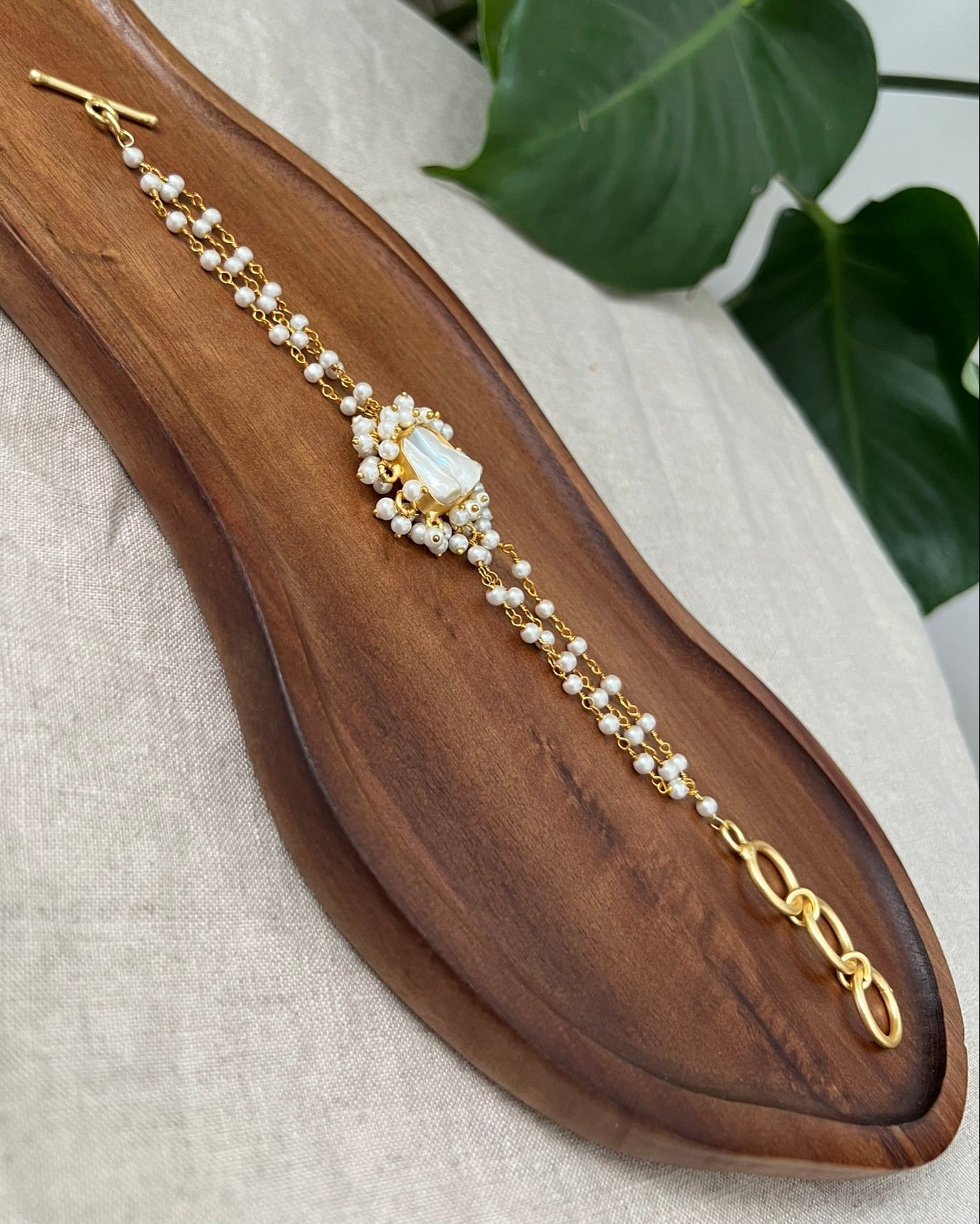 Baroque Pearl Gold Chain & Pearl Bracelet Encircled by Pearl Clusters