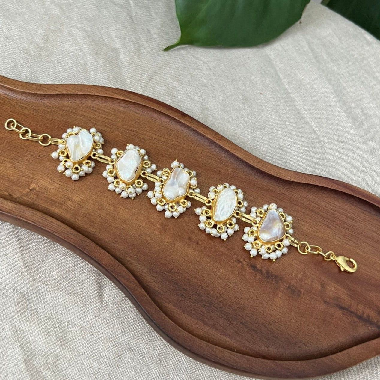 Baroque Pearl Gold Chain Bracelet Encircled by Mini Pearl Clusters