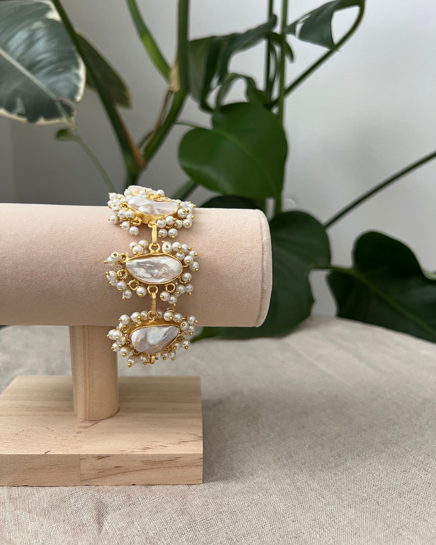 Baroque Pearl Gold Chain Bracelet Encircled by Mini Pearl Clusters