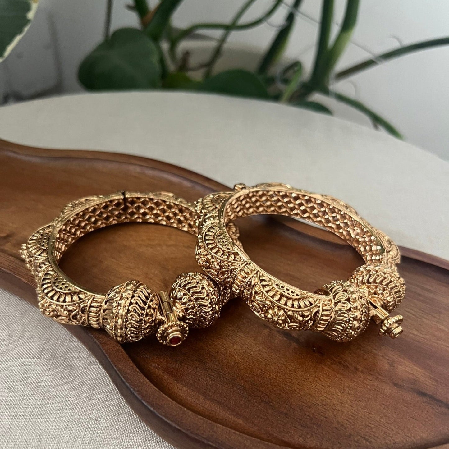 Stunning Antique Gold 3D Design Screw Open Kangan Bangles Pair - Item BN 9