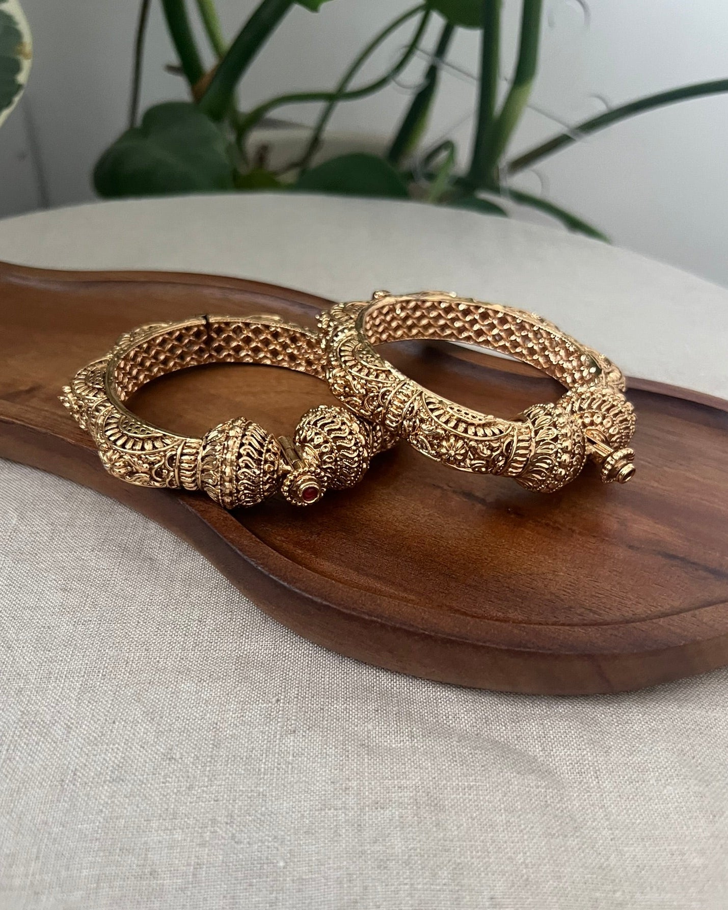 Stunning Antique Gold 3D Design Screw Open Kangan Bangles Pair - Item BN 9