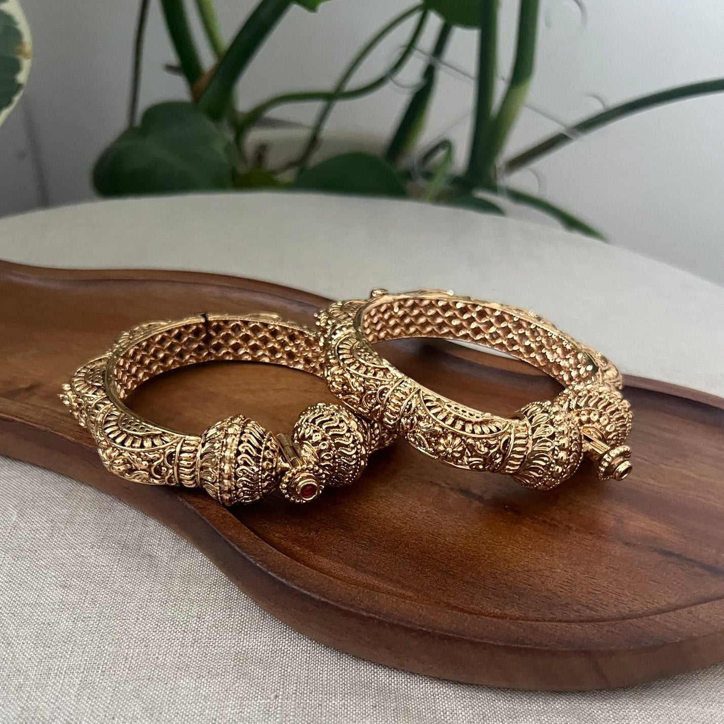 Stunning Antique Gold 3D Design Screw Open Kangan Bangles Pair - Item BN 9