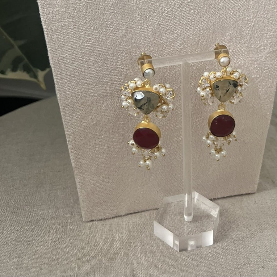 Green Prehnite & Dark Red Stones Surrounded by Pearls and Swarovski - Item W2