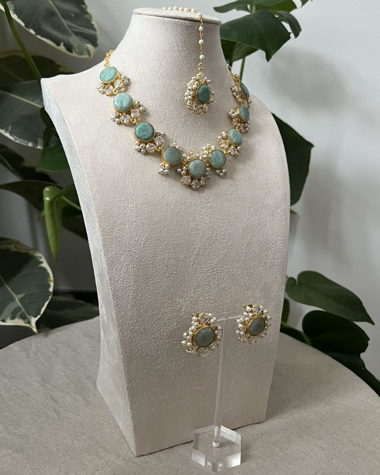 Sea Blue Amazonite Stone surrounded by Sparkling Swarovski and Pearls - Item L
