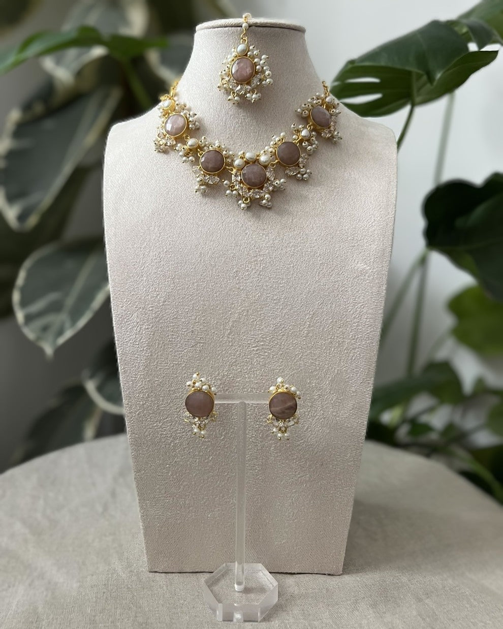 Natural Semi-Precious Peach Moonstone with Pearls and Swarovski - Item N