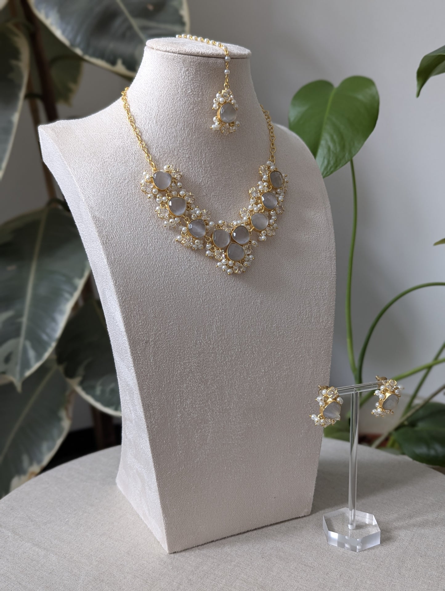 Iridescent Grey Toned Opalite Stones with Mini Pearl Clusters & Swarovski - Item 24A