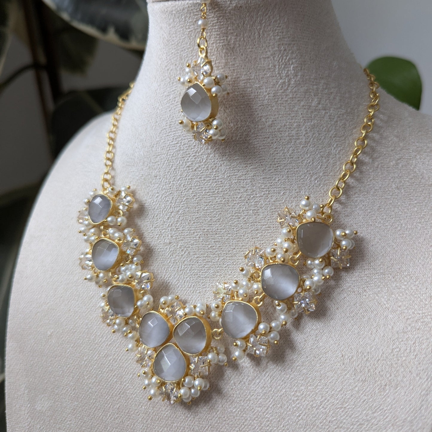 Iridescent Grey Toned Opalite Stones with Mini Pearl Clusters & Swarovski - Item 24A