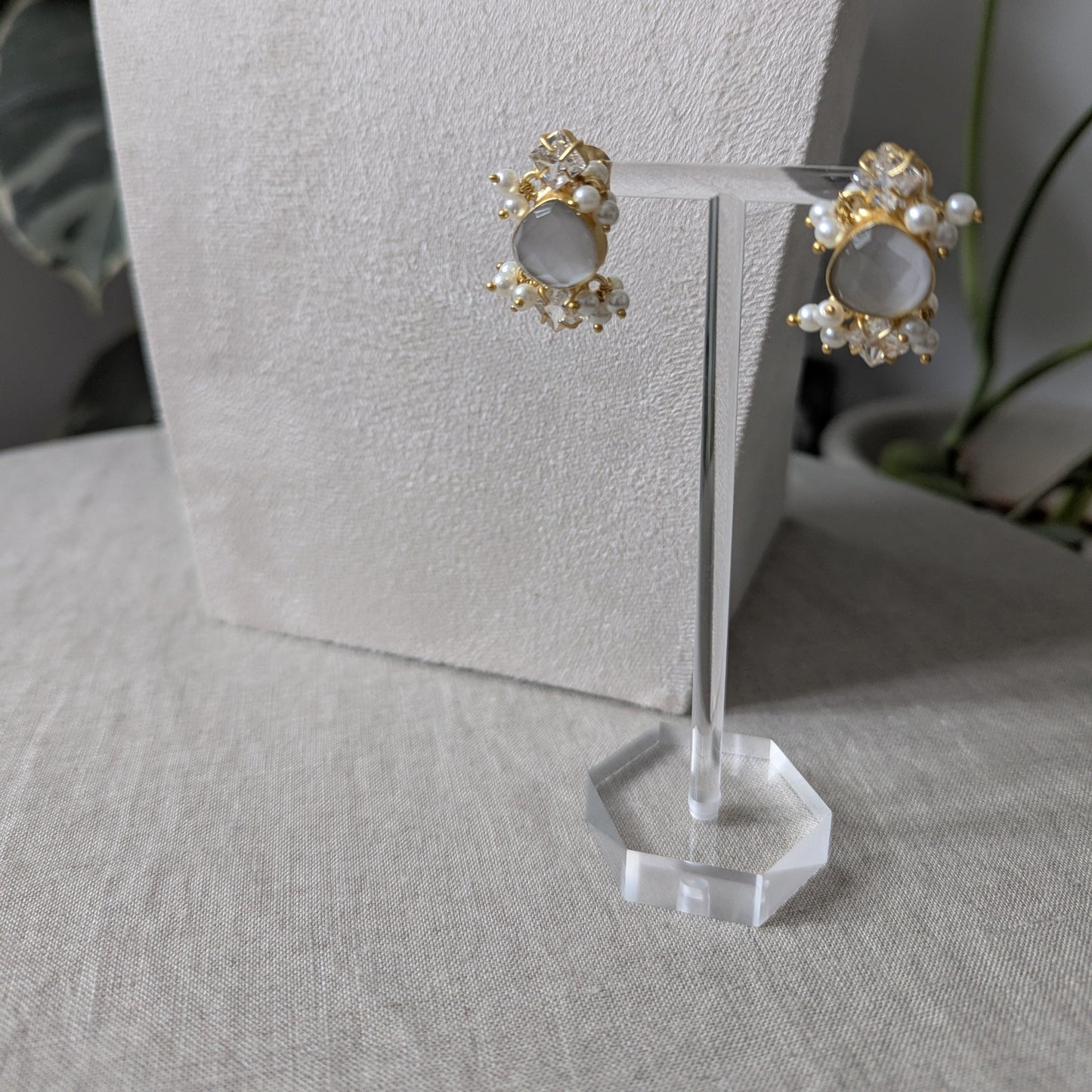 Iridescent Grey Toned Opalite Stones with Mini Pearl Clusters & Swarovski - Item 24A