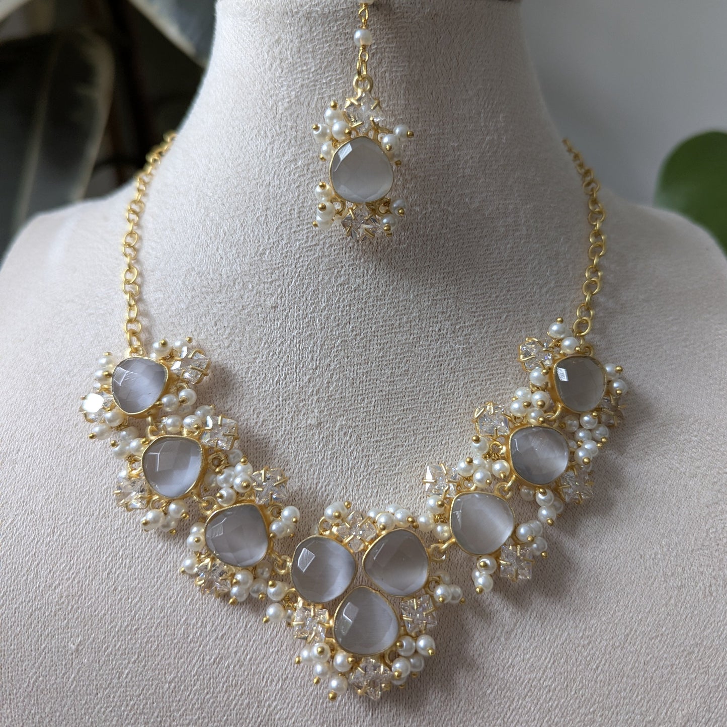 Iridescent Grey Toned Opalite Stones with Mini Pearl Clusters & Swarovski - Item 24A