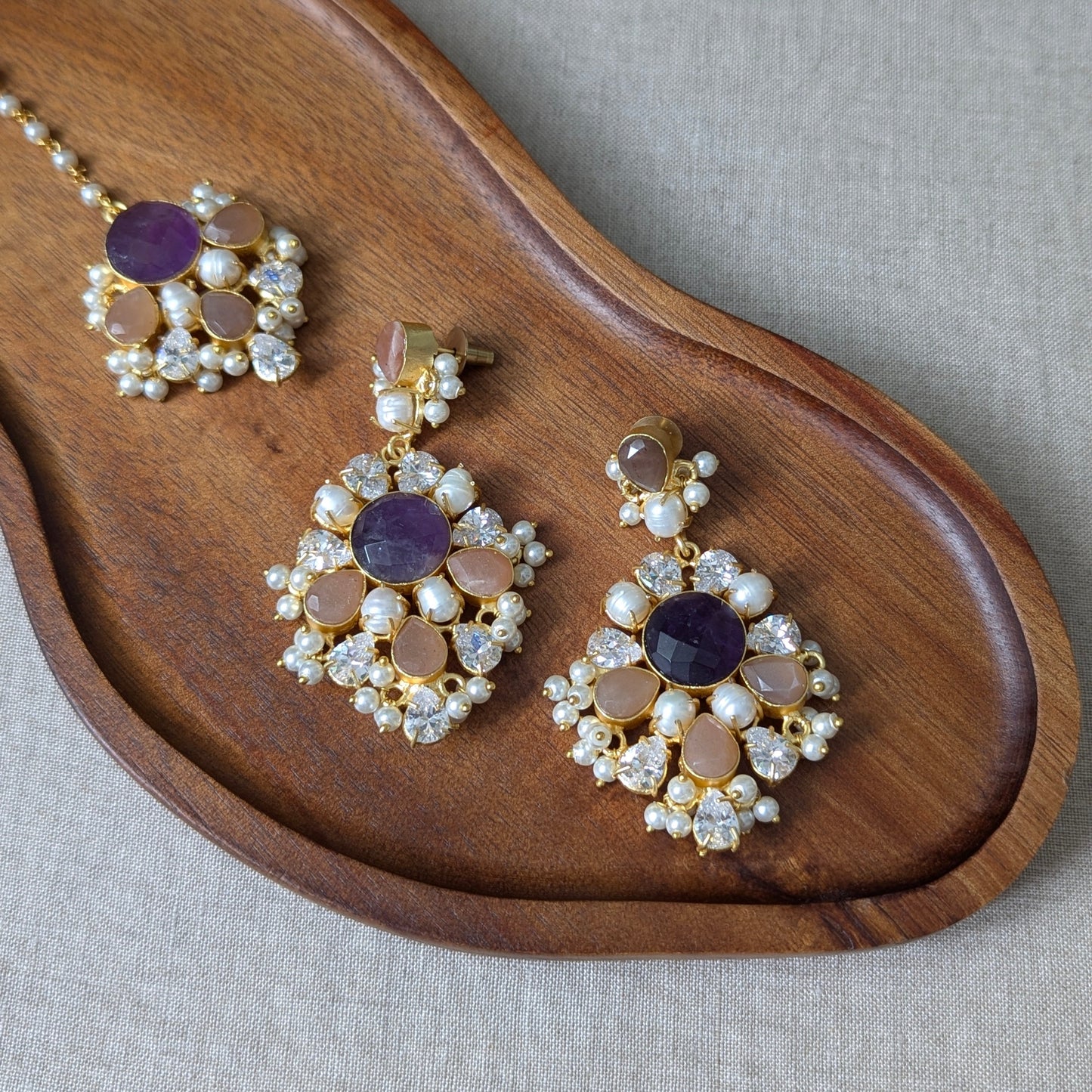 Purple Amethyst & Peach Morganite Statement Earrings with Swarovski & Pearls Tikka Set - Item 57