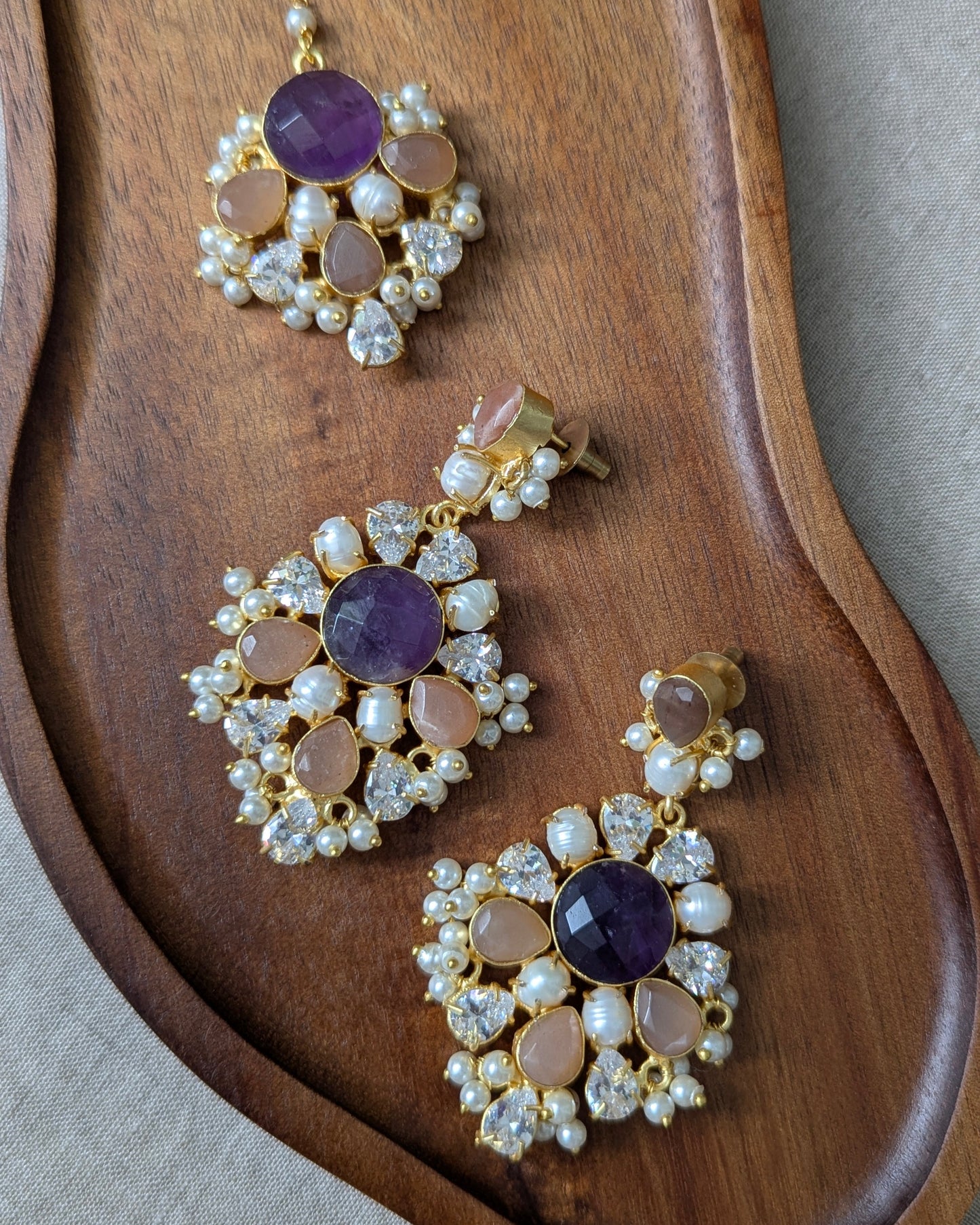 Purple Amethyst & Peach Morganite Statement Earrings with Swarovski & Pearls Tikka Set - Item 57