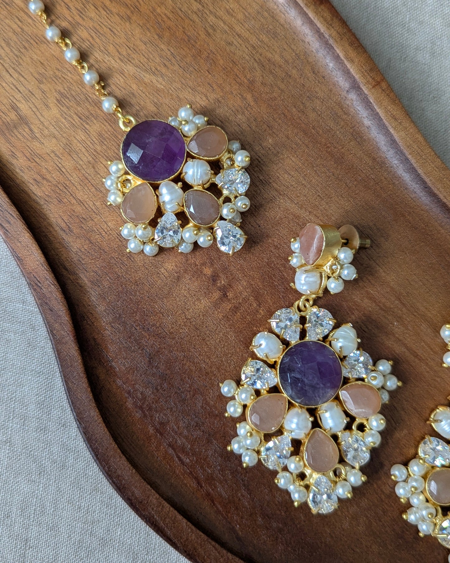 Purple Amethyst & Peach Morganite Statement Earrings with Swarovski & Pearls Tikka Set - Item 57