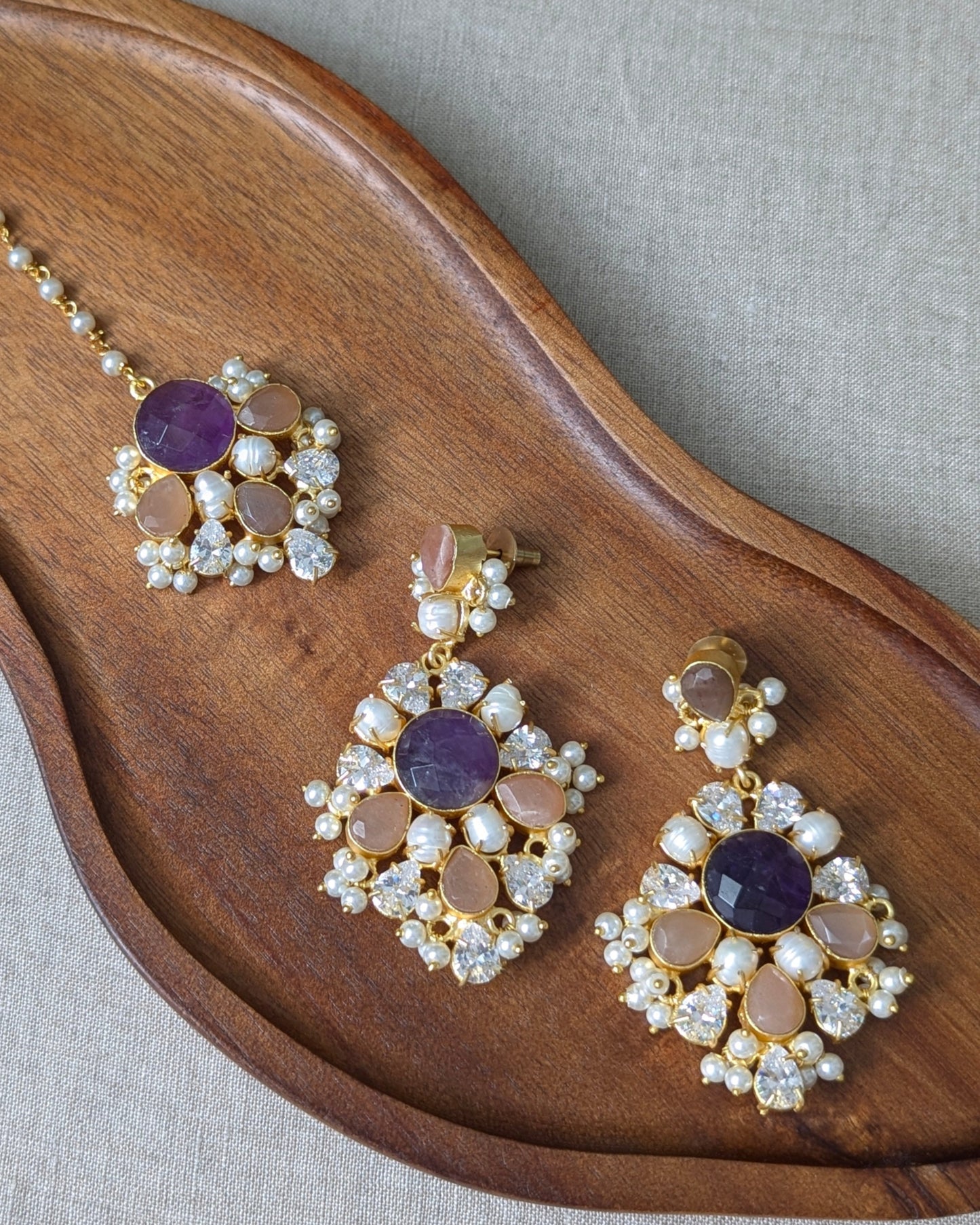 Purple Amethyst & Peach Morganite Statement Earrings with Swarovski & Pearls Tikka Set - Item 57