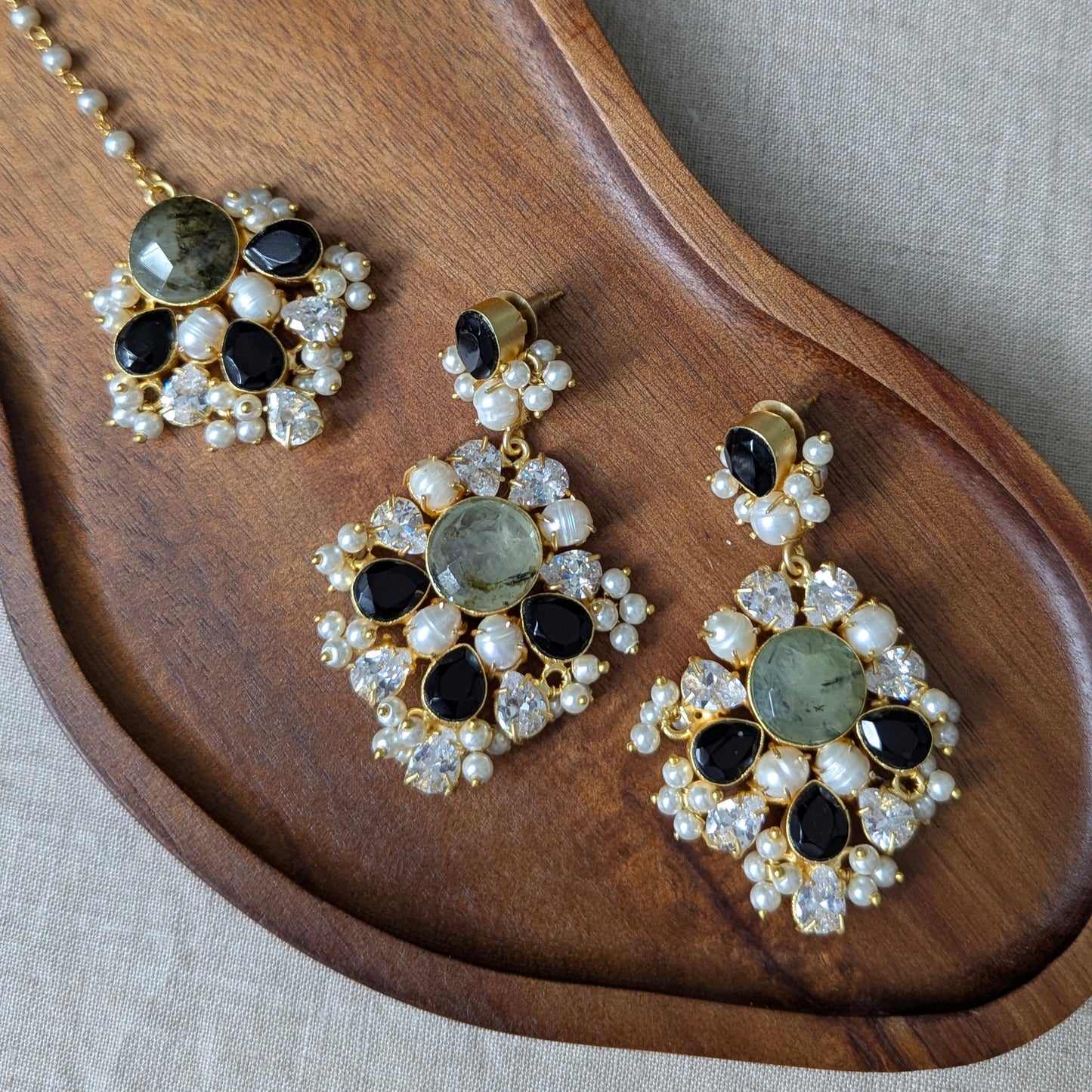 Black Jade & Green Prehnite Statement Earrings with Swarovski & Pearls Tikka Set - Item 58