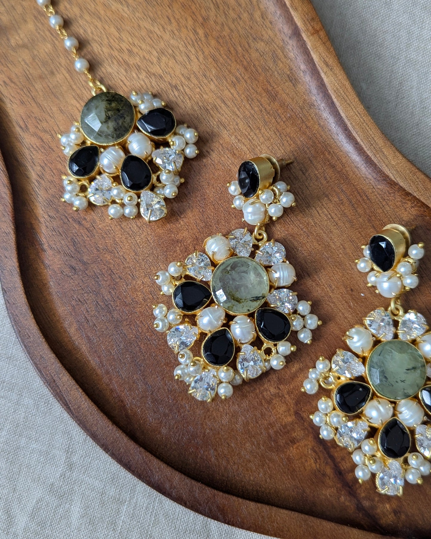 Black Jade & Green Prehnite Statement Earrings with Swarovski & Pearls Tikka Set - Item 58