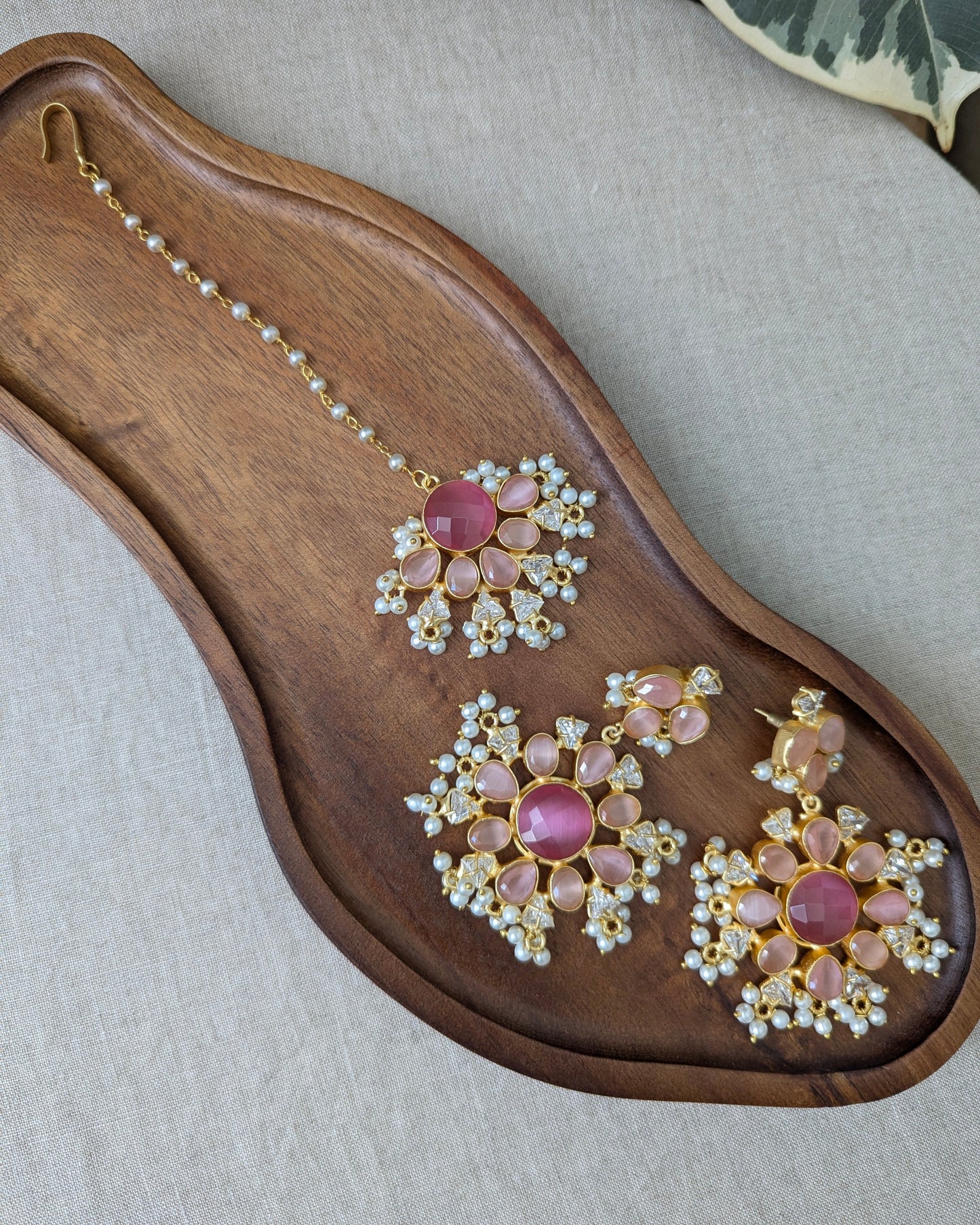 Floral Rose Quartz Pink Shades Statement Earrings & Tikka Set with Swarovski & Pearls - Item 43