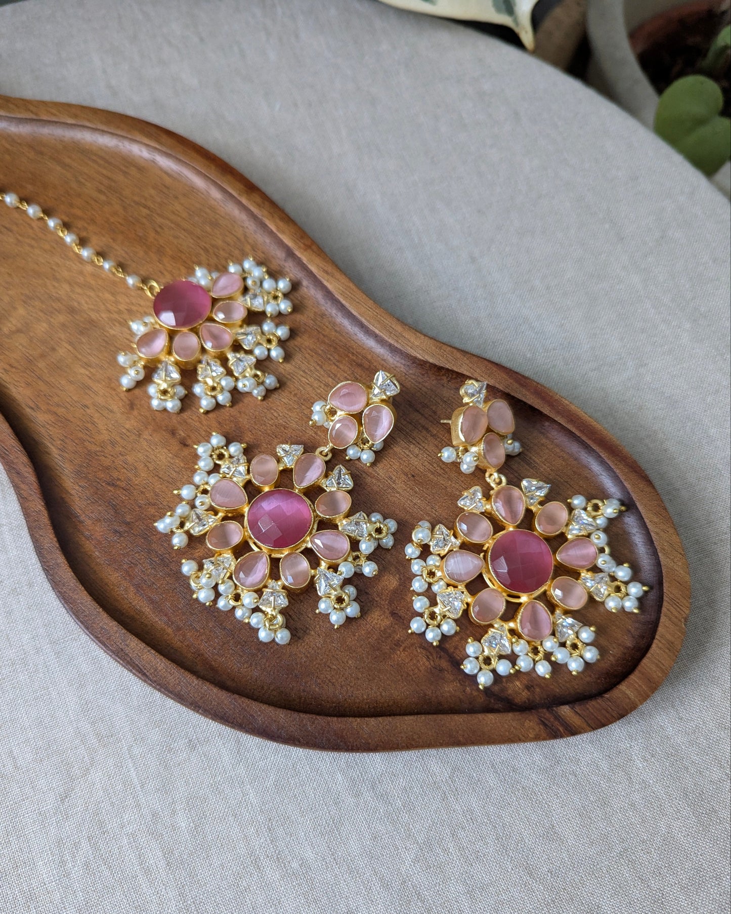 Floral Rose Quartz Pink Shades Statement Earrings & Tikka Set with Swarovski & Pearls - Item 43
