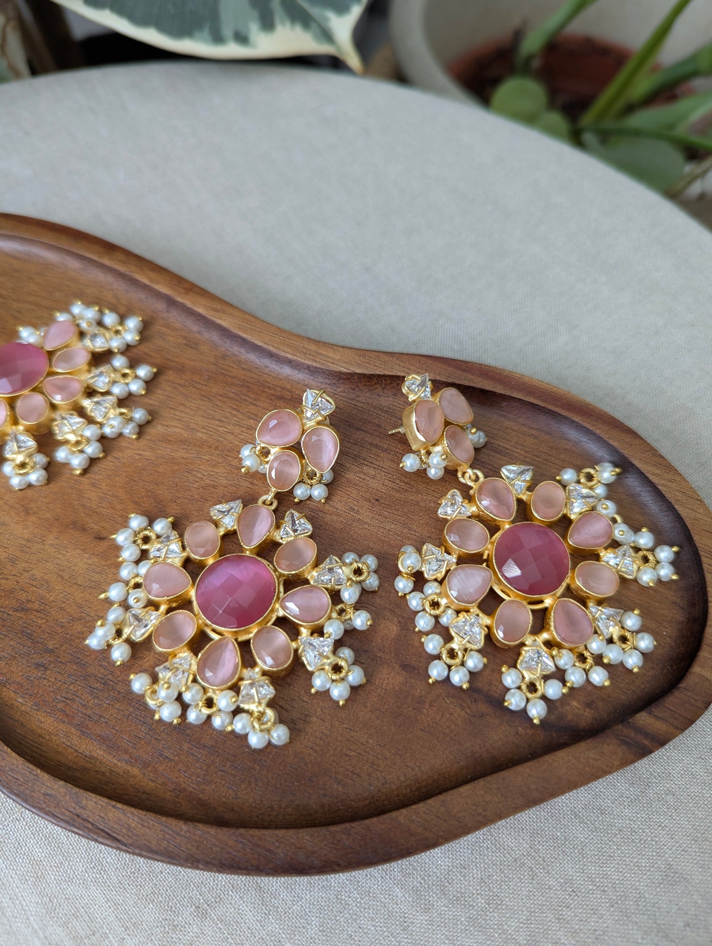 Floral Rose Quartz Pink Shades Statement Earrings & Tikka Set with Swarovski & Pearls - Item 43