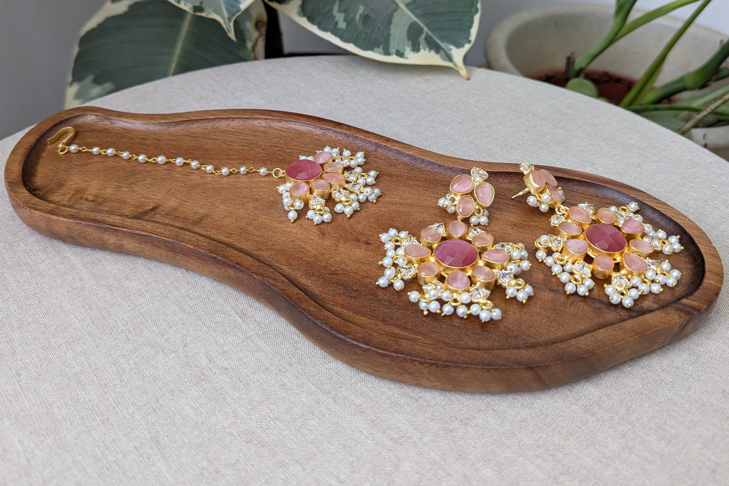 Floral Rose Quartz Pink Shades Statement Earrings & Tikka Set with Swarovski & Pearls - Item 43