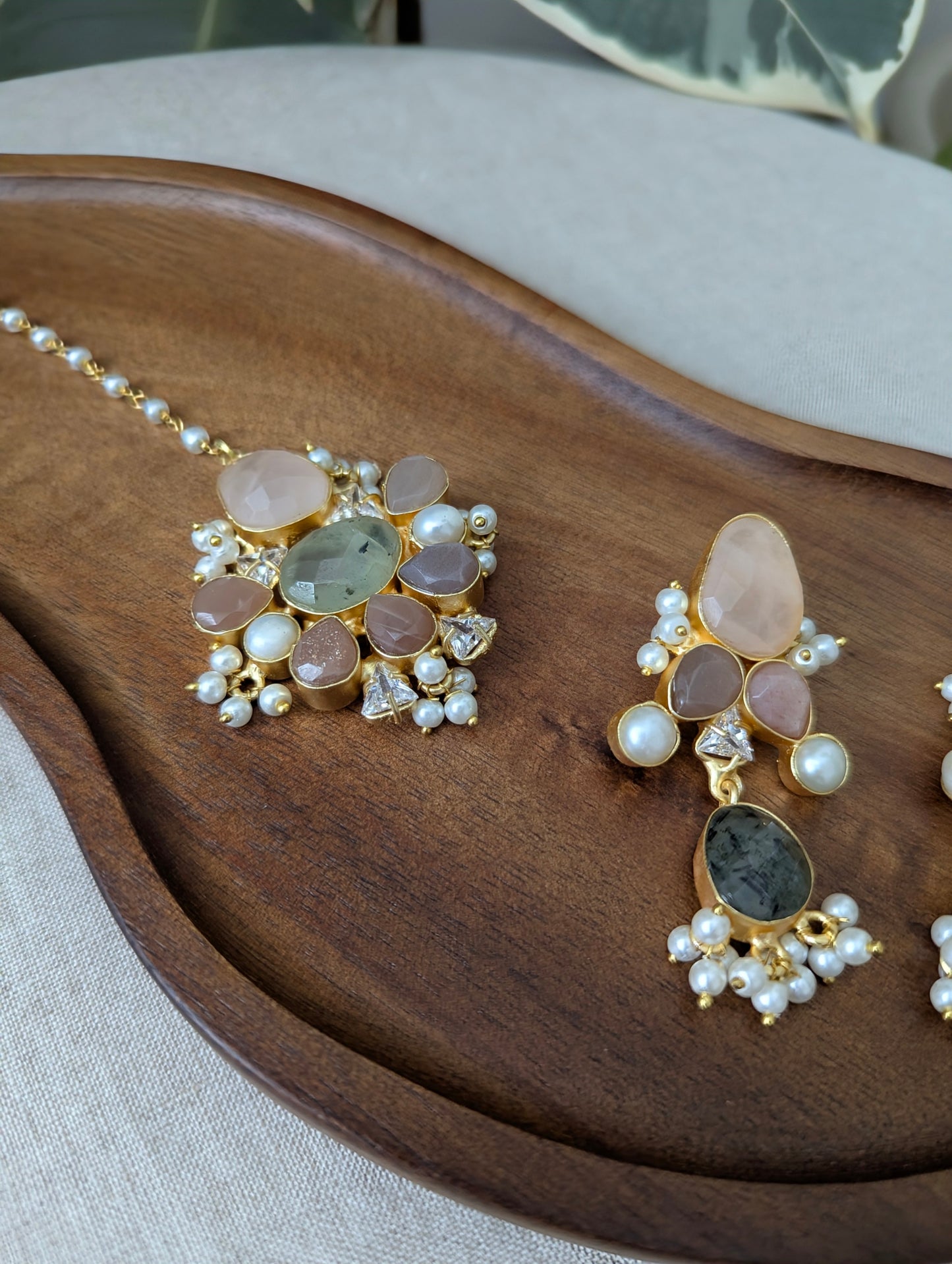 Rose Quartz, Peach Morganite & Green Prehnite Statement Earrings & Tikka Set with Swarovski & Pearls - Item 45