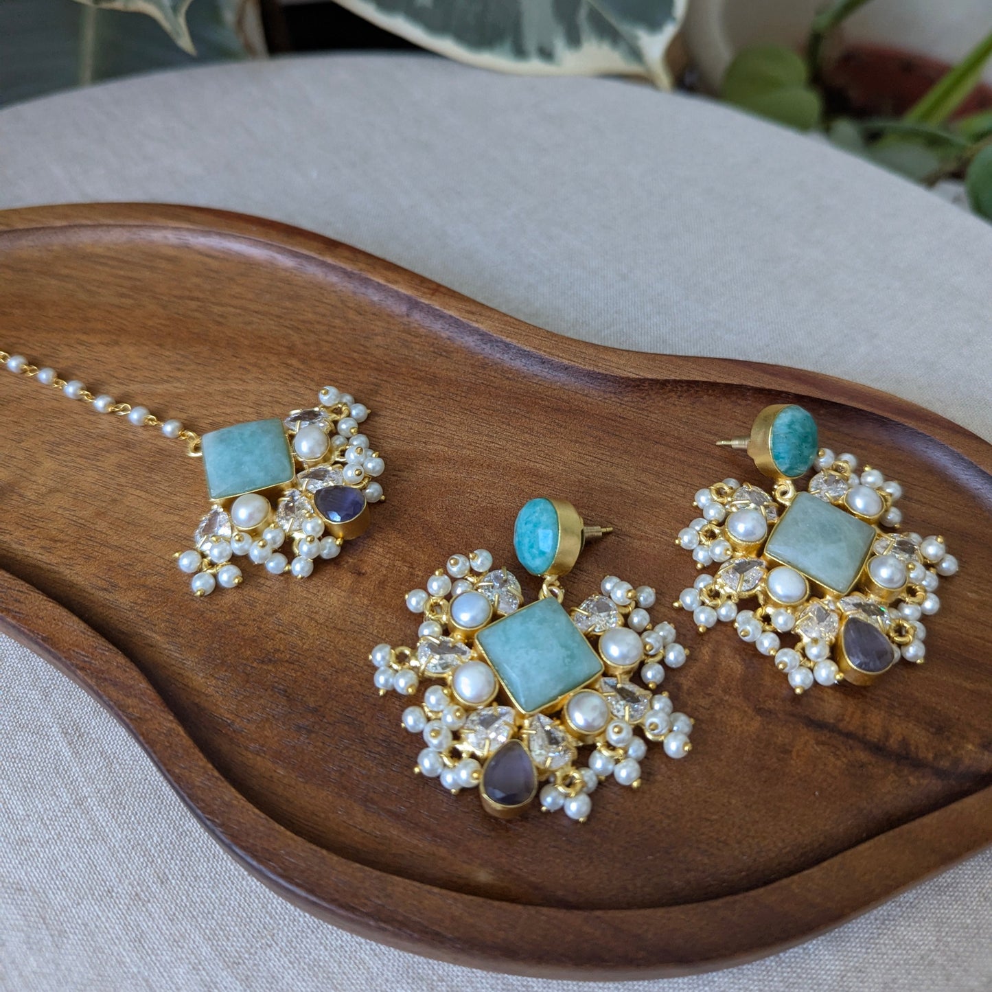 Blue Amazonite & Purple Amethyst Statement Earrings & Tikka Set with Swarovski & Pearls - Item 46