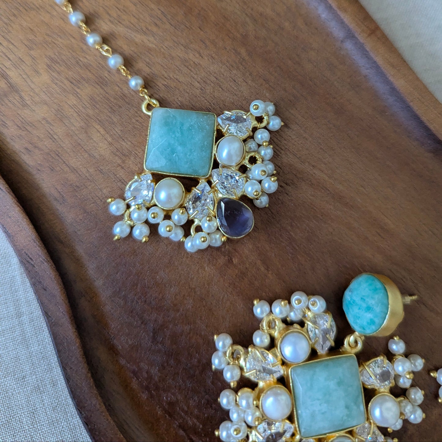 Blue Amazonite & Purple Amethyst Statement Earrings & Tikka Set with Swarovski & Pearls - Item 46