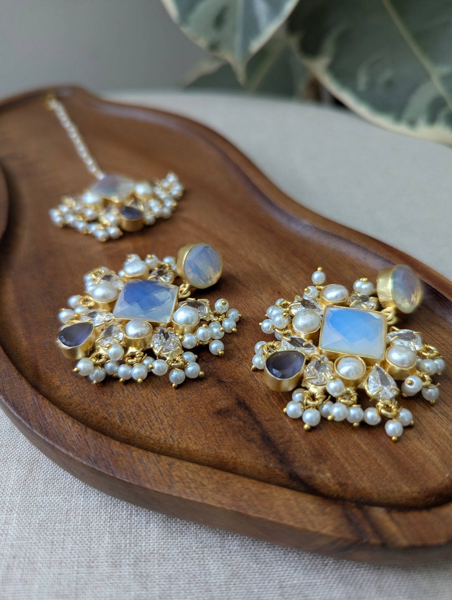 Iridescent Opalite & Purple Amethyst Statement Earrings & Tikka Set with Swarovski & Pearls - Item 47