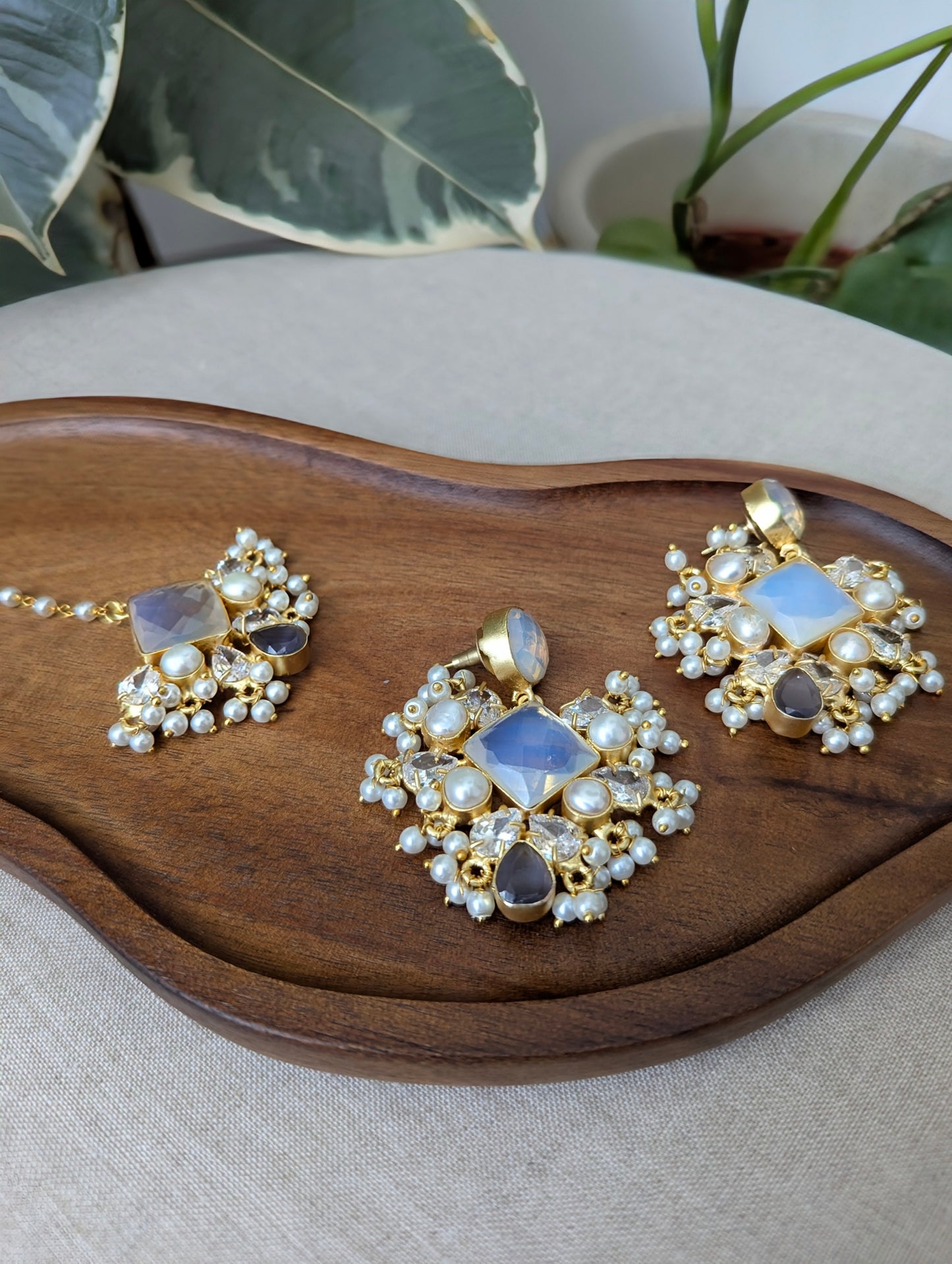 Iridescent Opalite & Purple Amethyst Statement Earrings & Tikka Set with Swarovski & Pearls - Item 47