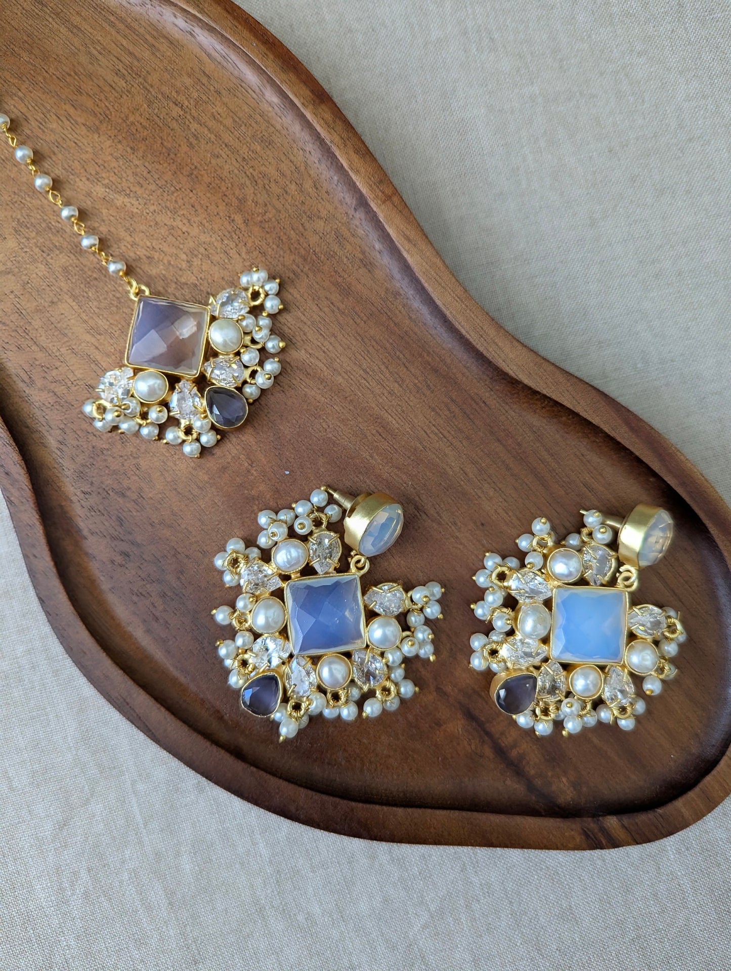Iridescent Opalite & Purple Amethyst Statement Earrings & Tikka Set with Swarovski & Pearls - Item 47