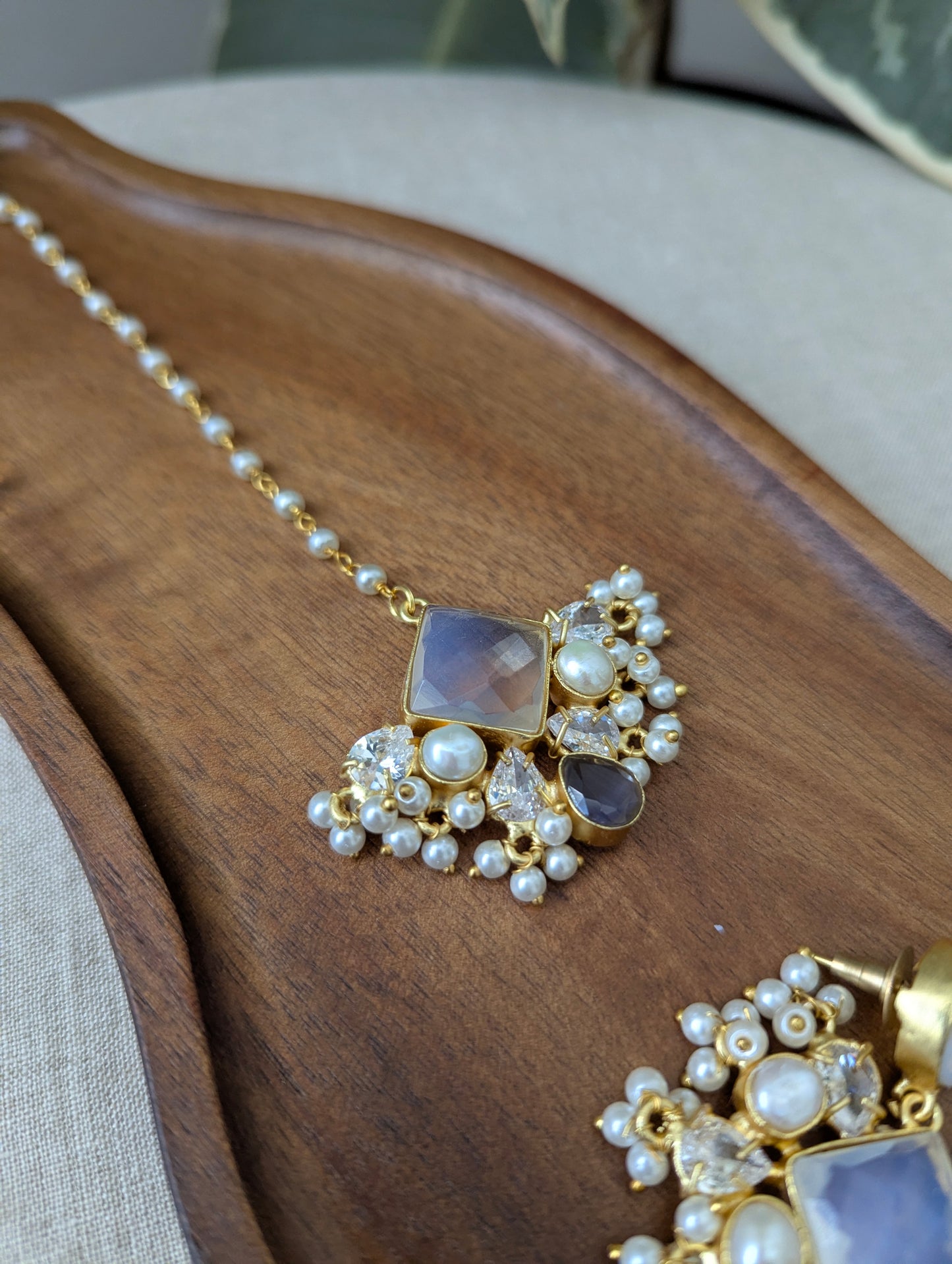 Iridescent Opalite & Purple Amethyst Statement Earrings & Tikka Set with Swarovski & Pearls - Item 47