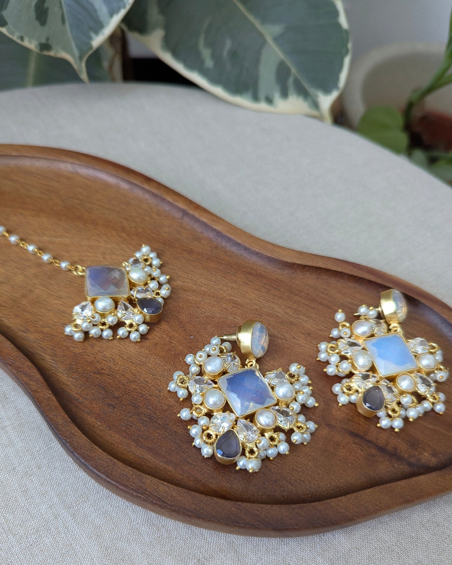 Iridescent Opalite & Purple Amethyst Statement Earrings & Tikka Set with Swarovski & Pearls - Item 47