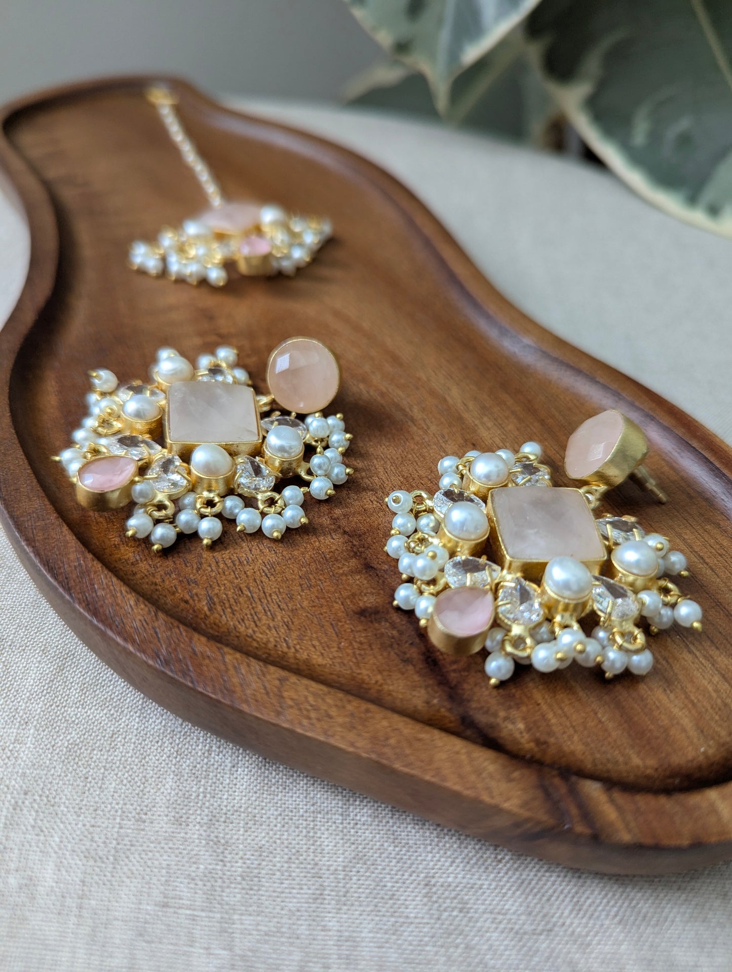 Rose Quartz with Swarovski & Pearls Statement Earrings & Tikka Set - Item 48