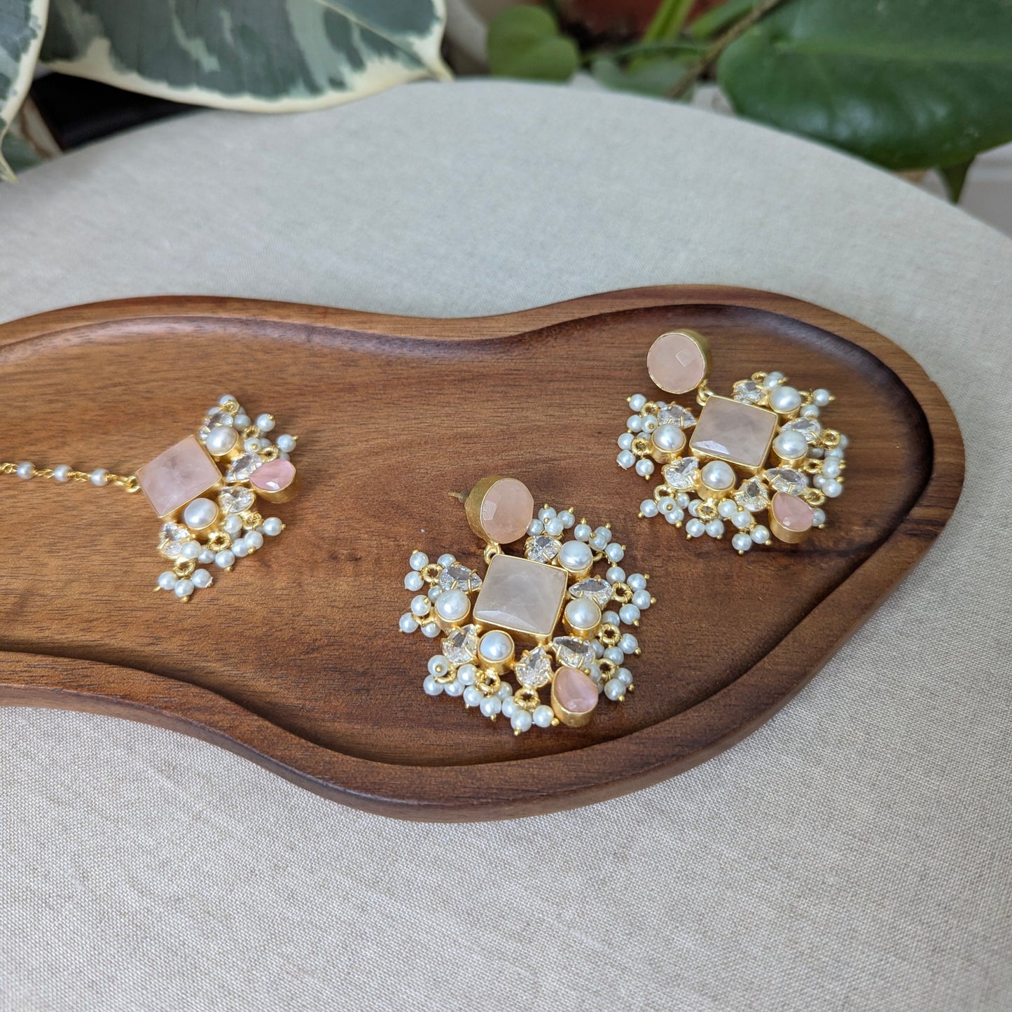 Rose Quartz with Swarovski & Pearls Statement Earrings & Tikka Set - Item 48