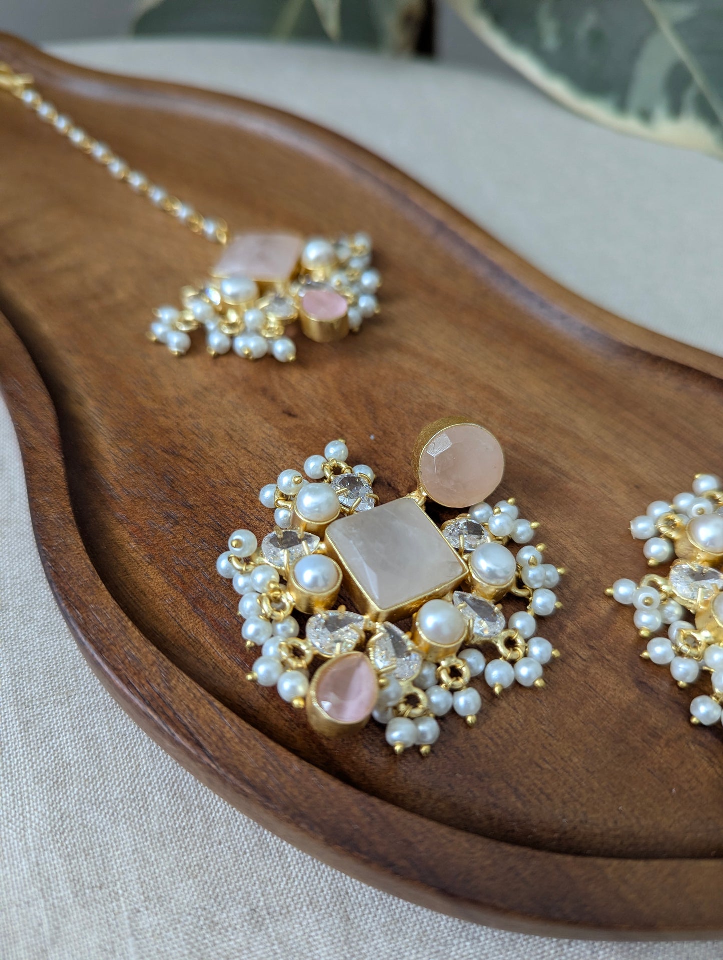 Rose Quartz with Swarovski & Pearls Statement Earrings & Tikka Set - Item 48