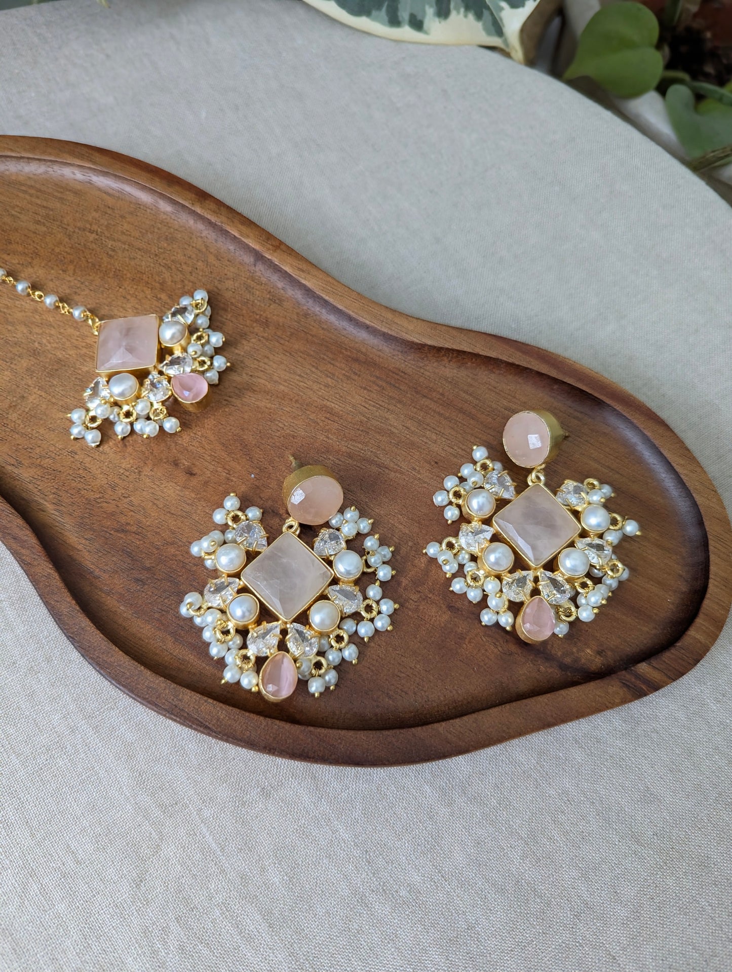 Rose Quartz with Swarovski & Pearls Statement Earrings & Tikka Set - Item 48