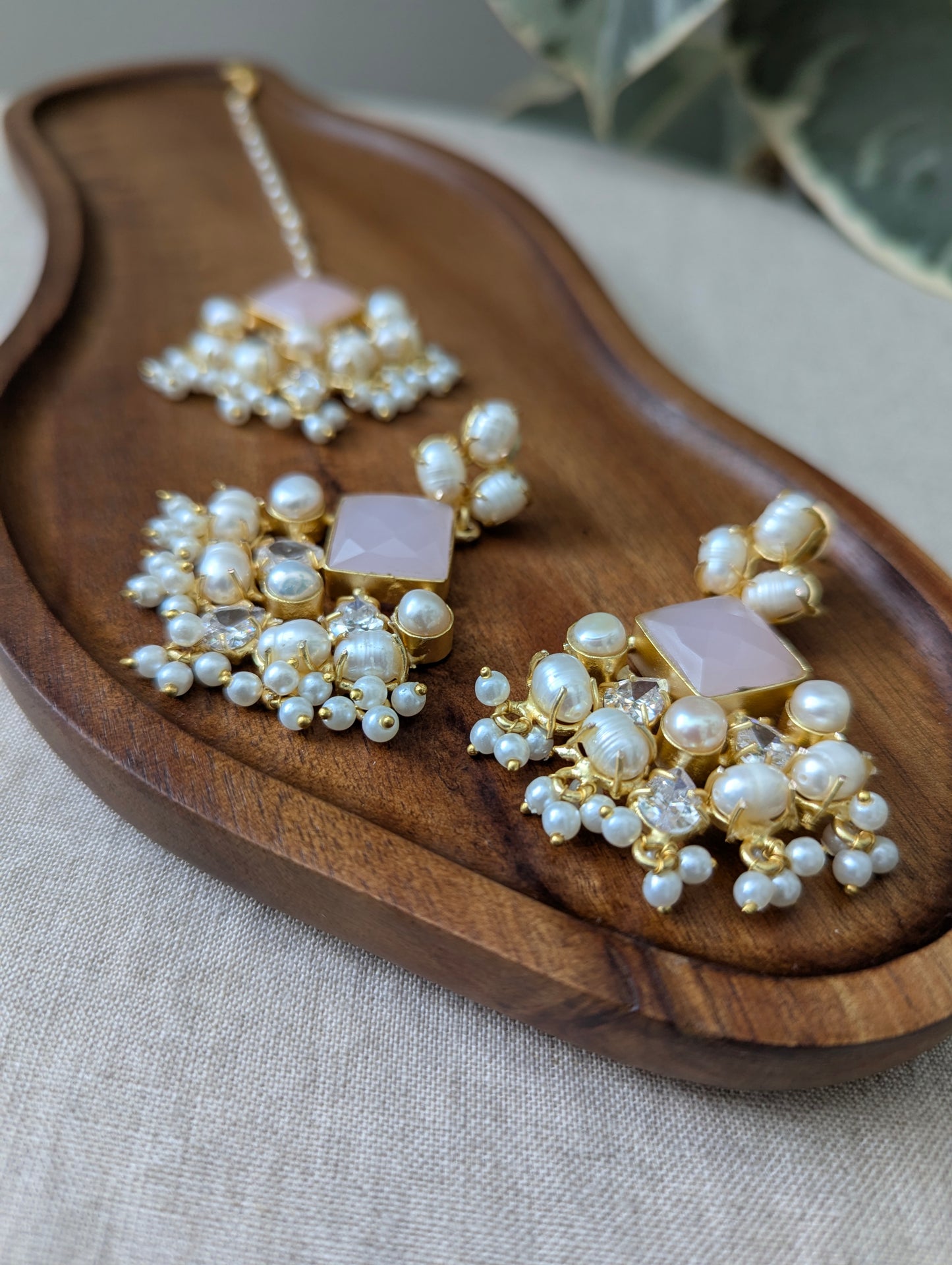 Rose Quartz Statement Earrings & Tikka Set with Swarovski & Pearls - Item 50