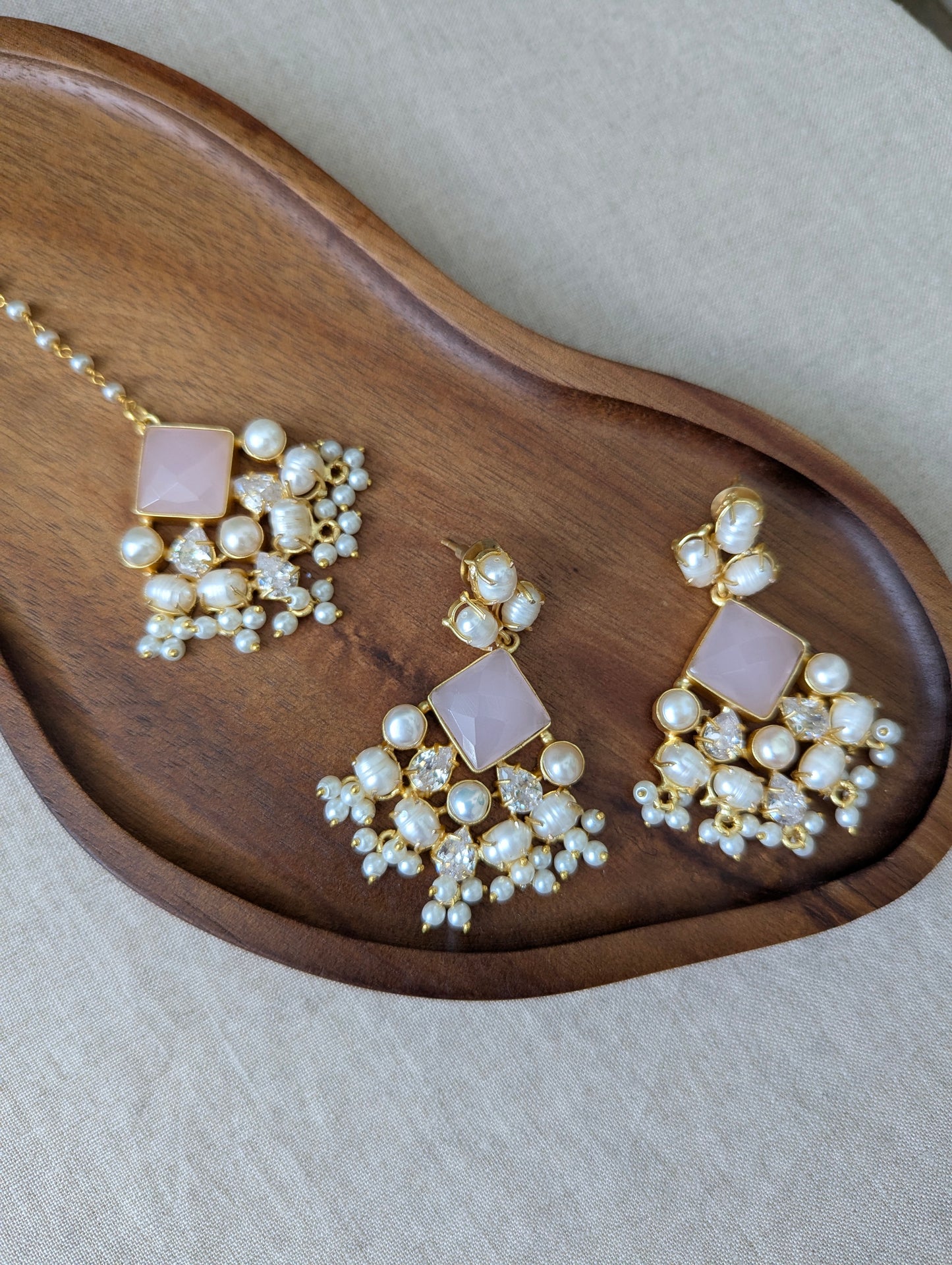 Rose Quartz Statement Earrings & Tikka Set with Swarovski & Pearls - Item 50