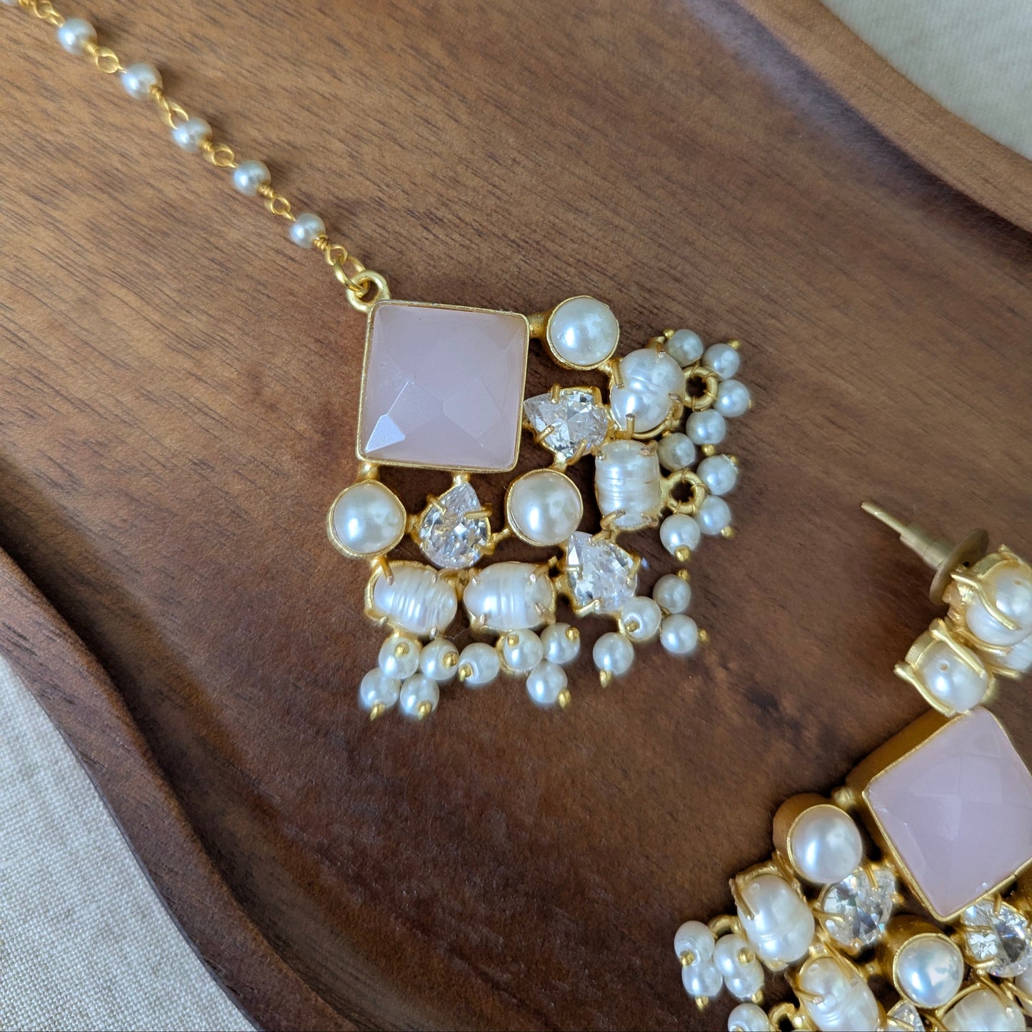 Rose Quartz Statement Earrings & Tikka Set with Swarovski & Pearls - Item 50