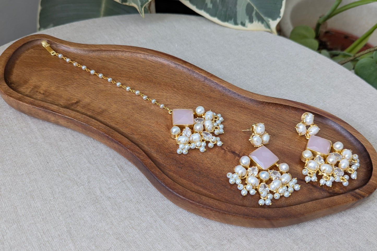 Rose Quartz Statement Earrings & Tikka Set with Swarovski & Pearls - Item 50