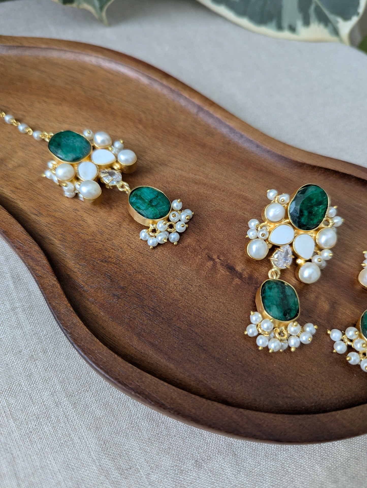 Teal Quartz Green Statement Earrings & Tikka Set with Swarovski & Pearls - Item 52