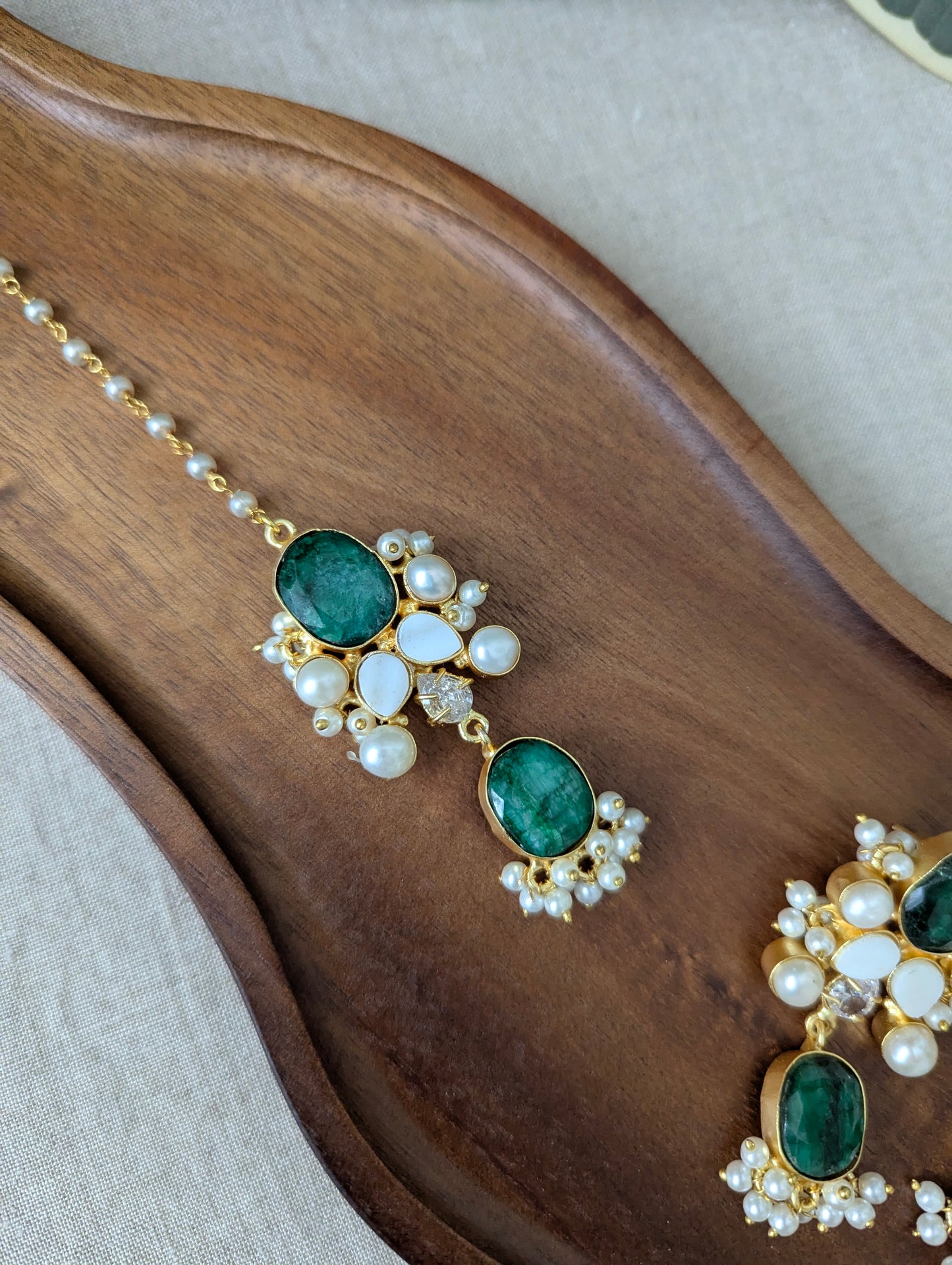 Teal Quartz Green Statement Earrings & Tikka Set with Swarovski & Pearls - Item 52