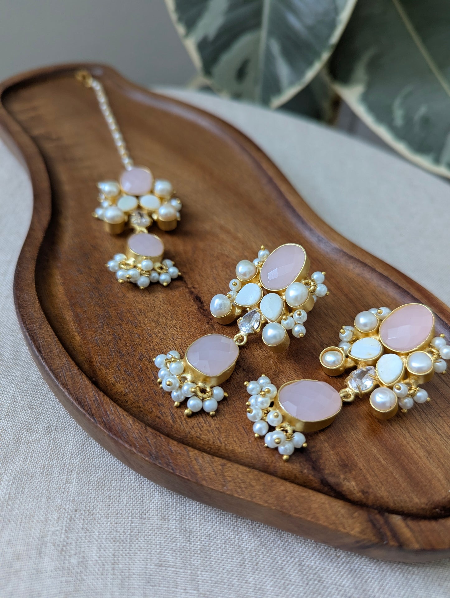 Oval Rose Quartz Statement Earrings & Tikka Set with Swarovski & Pearls - Item 53