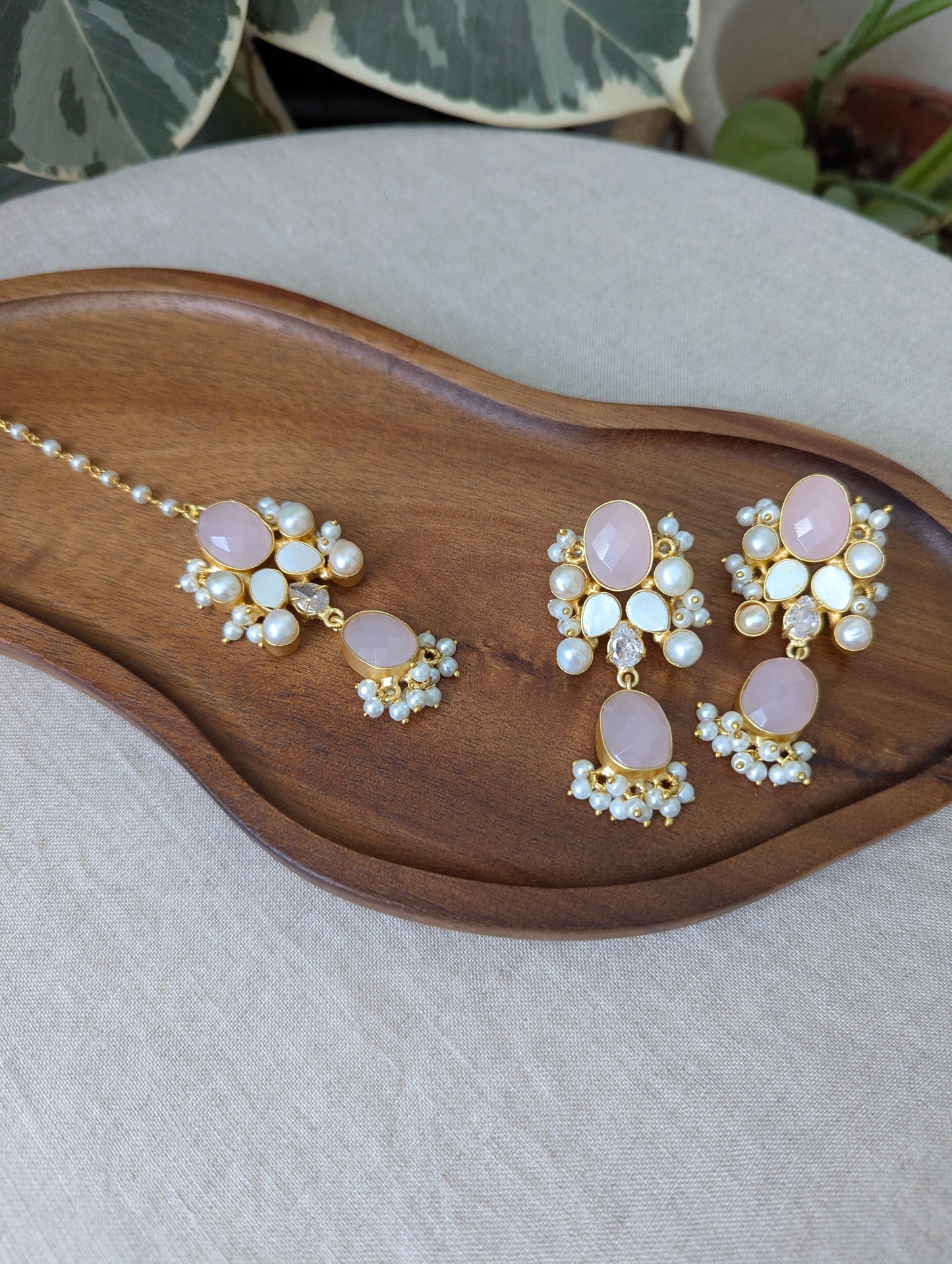Oval Rose Quartz Statement Earrings & Tikka Set with Swarovski & Pearls - Item 53