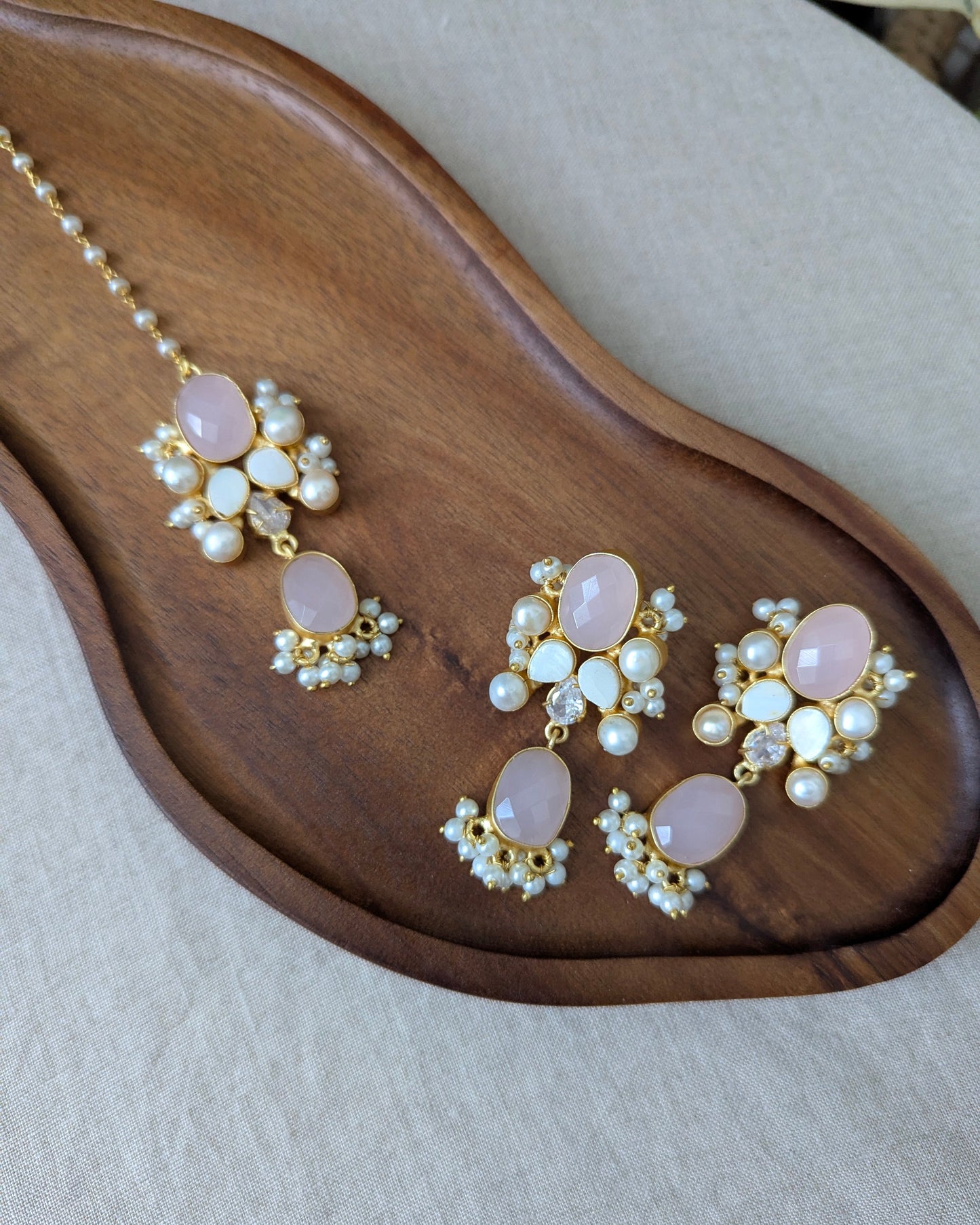 Oval Rose Quartz Statement Earrings & Tikka Set with Swarovski & Pearls - Item 53