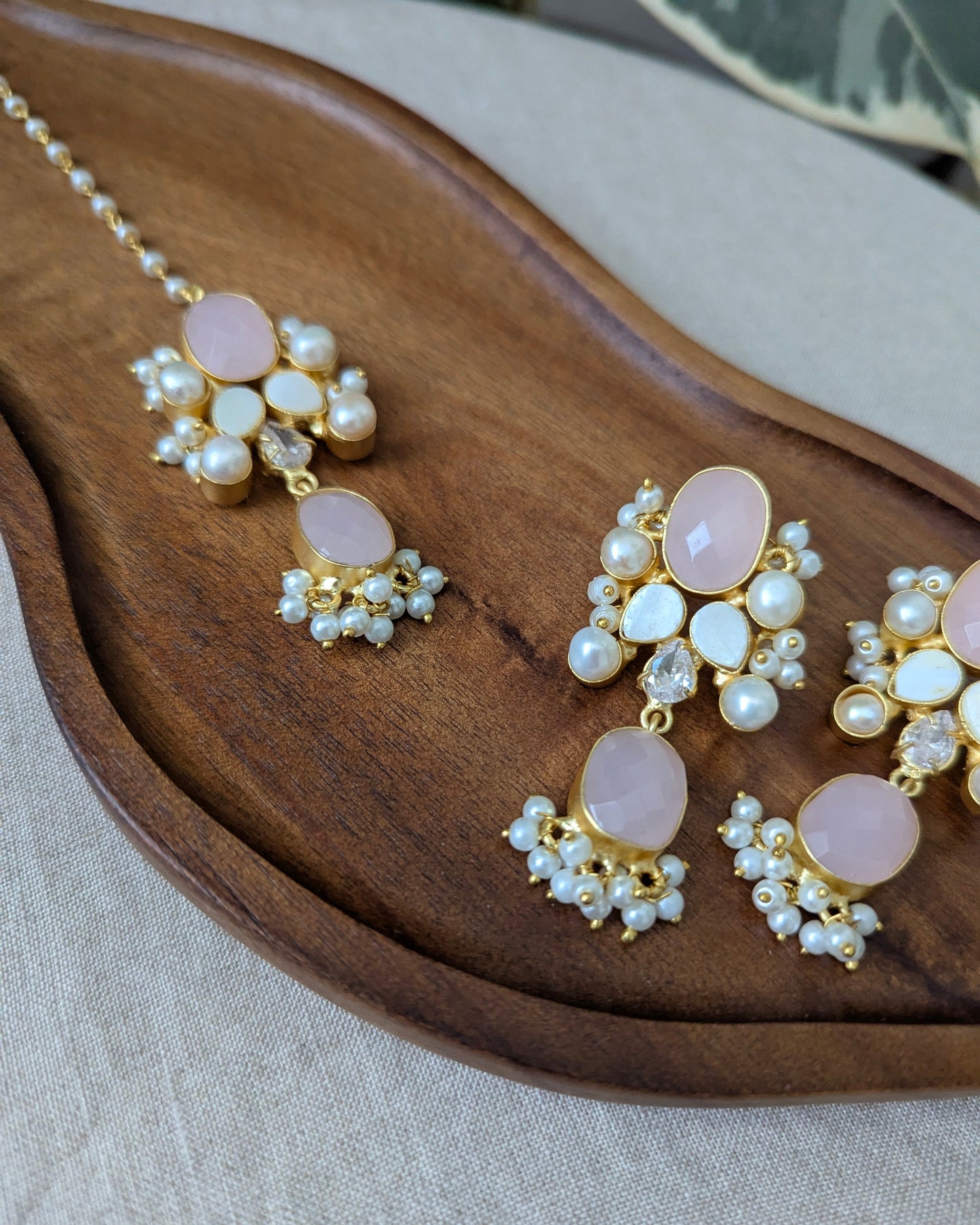 Oval Rose Quartz Statement Earrings & Tikka Set with Swarovski & Pearls - Item 53