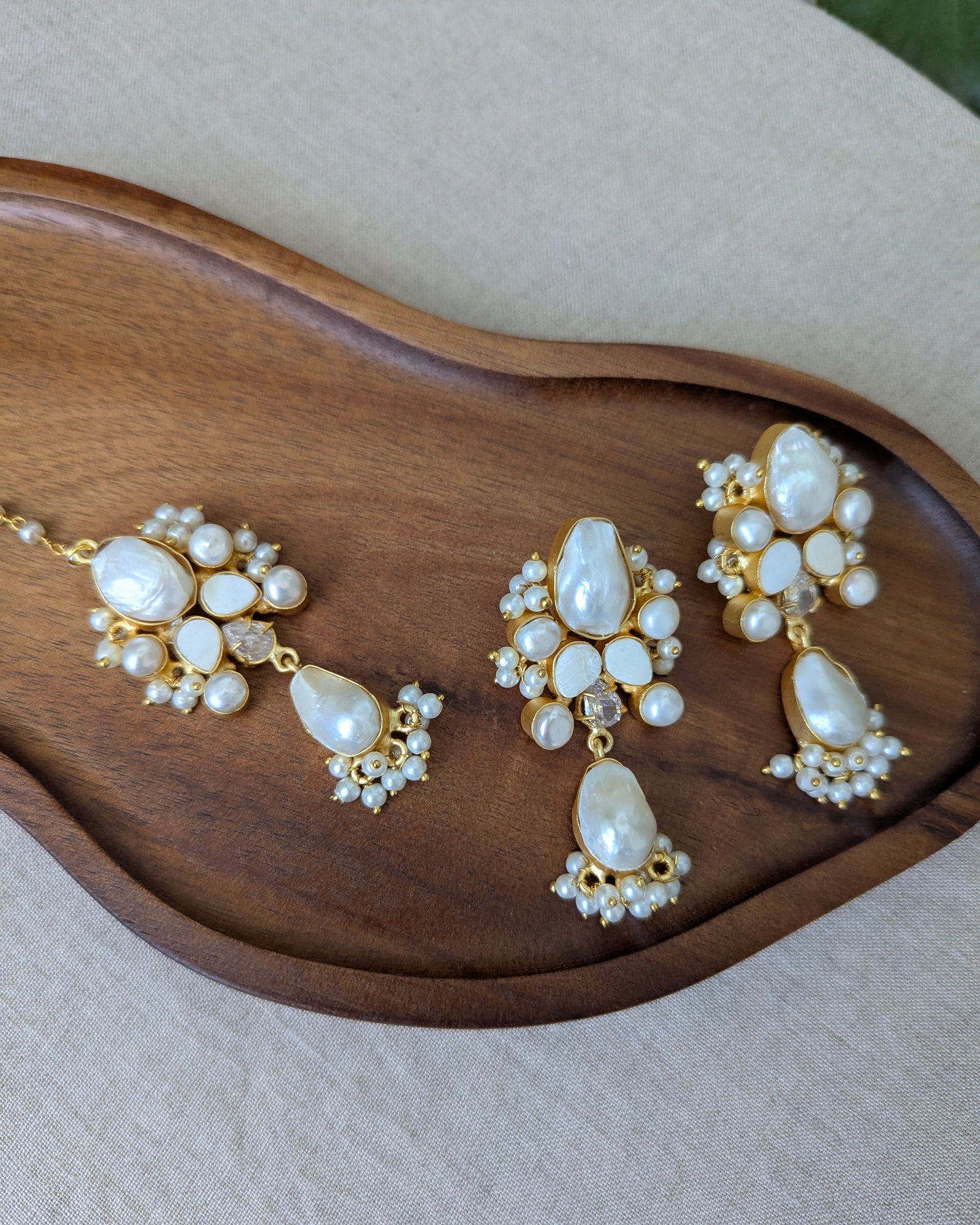 Mother of Pearl Oblong Statement Earrings & Tikka Set with Swarovski & Pearls - Item 54