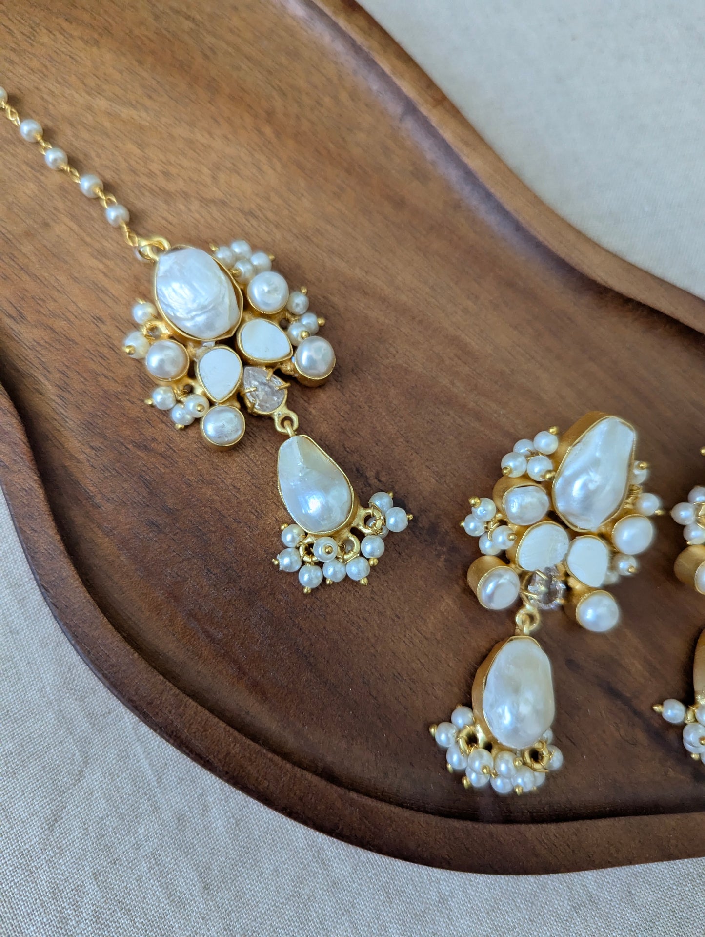 Mother of Pearl Oblong Statement Earrings & Tikka Set with Swarovski & Pearls - Item 54
