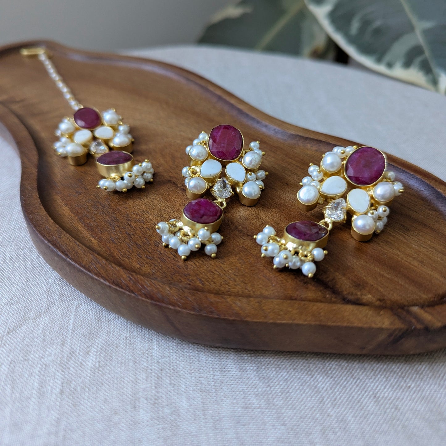 Ruby Quartz Red Statement Earrings & Tikka Set with Swarovski & Pearls - Item 56